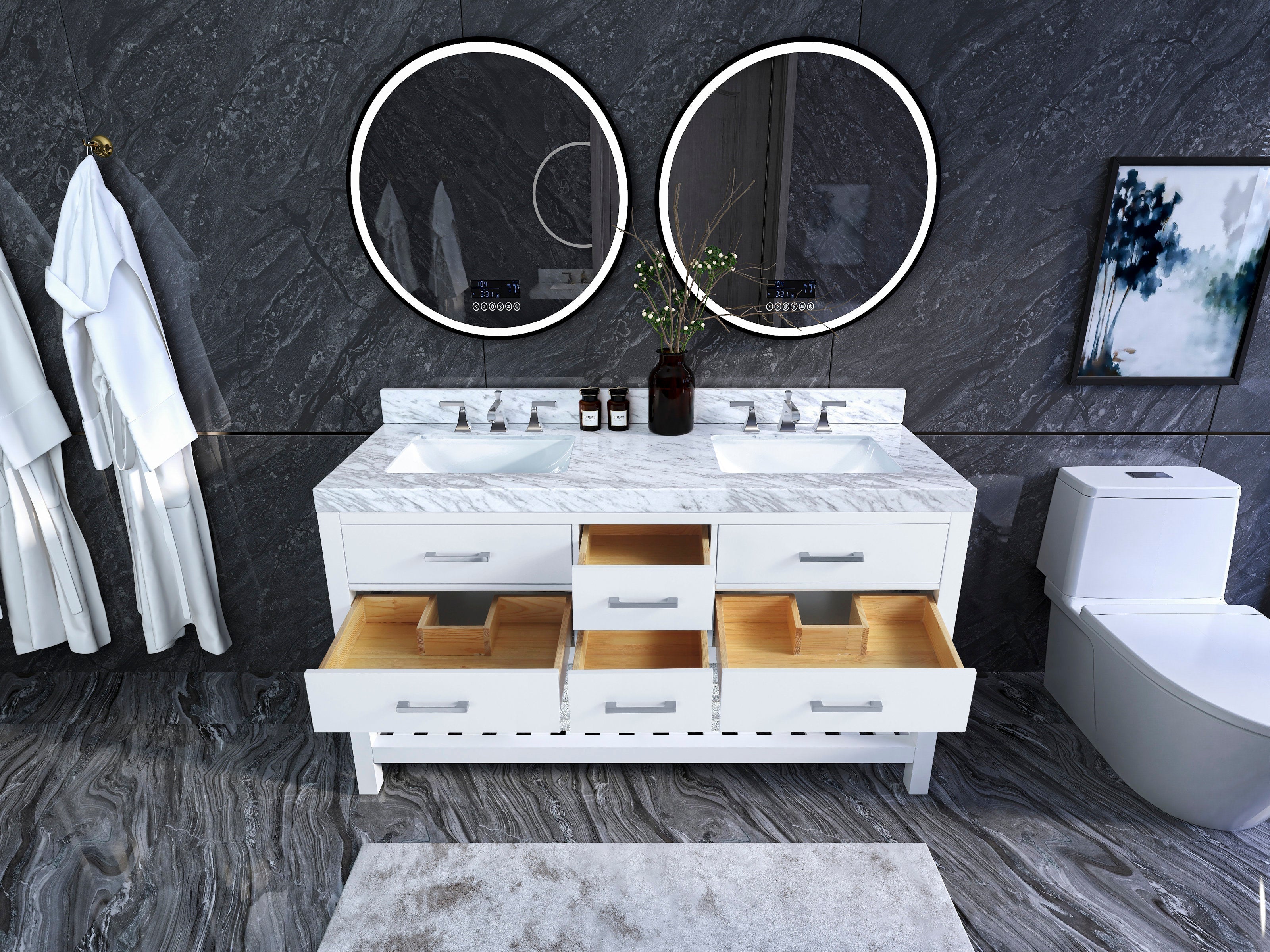 White solid wood 60-inch double sink vanity with a stone marble top, two undermount ceramic sinks, chrome faucets, three open drawers showing wooden interiors, round illuminated mirrors and a dark stone wall and floor backdrop.