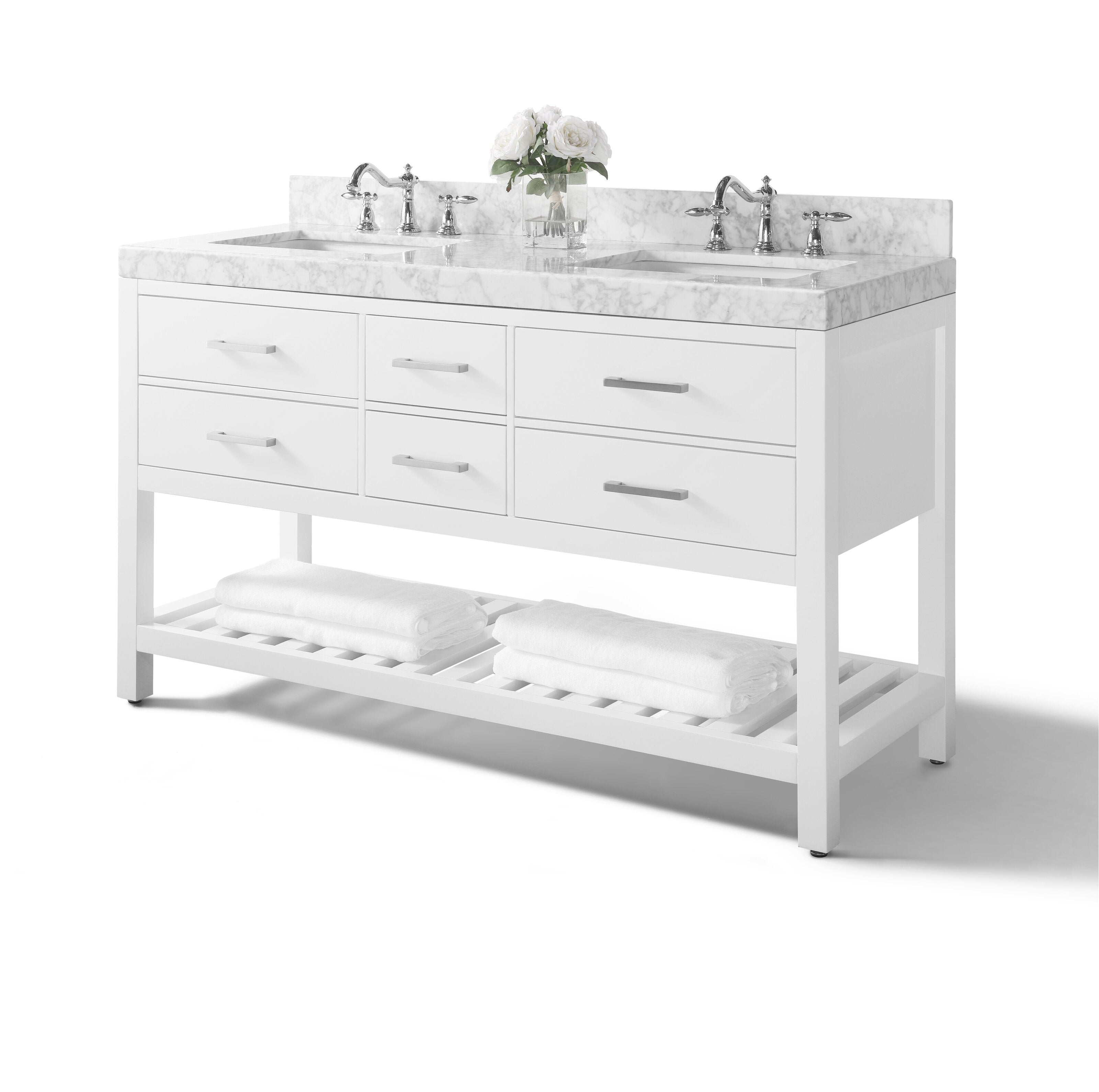 Freestanding 60-inch solid wood bathroom vanity in a stone finish with marble-look stone countertop, two under-mount ceramic sinks, polished chrome faucets, six drawers with metal handles and a slatted lower shelf with folded towels.