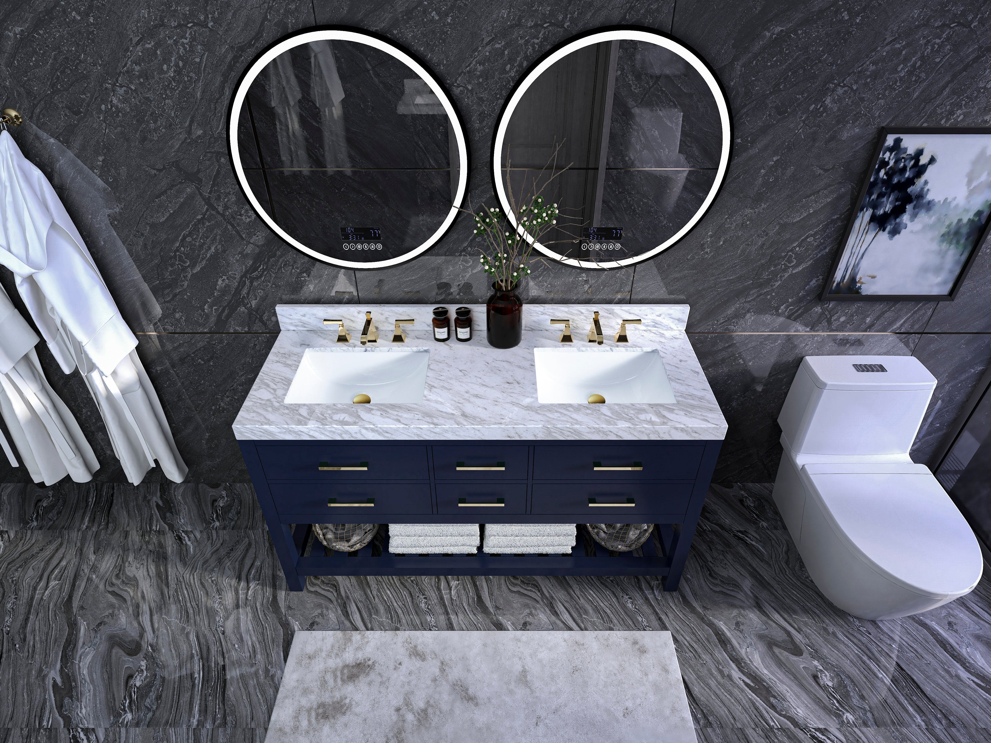 60-inch modern solid wood double-sink vanity in navy with a stone marble countertop, two rectangular undermount ceramic sinks, brass-gold faucets and pulls, round LED mirrors above and open shelf with folded towels.
