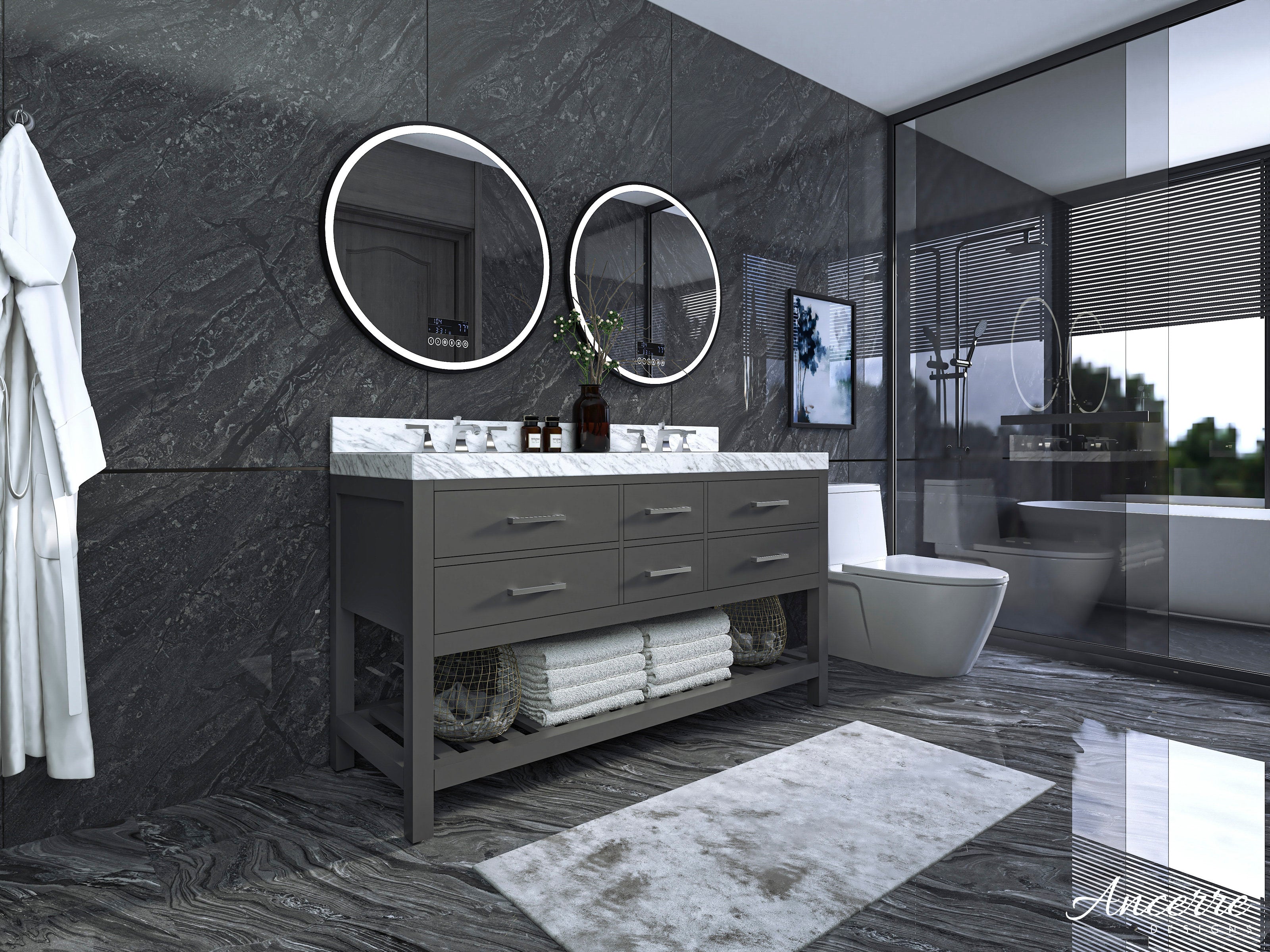 Contemporary 60-inch solid wood double-sink vanity in stone gray with a white veined stone countertop, two round illuminated mirrors, brushed metal pulls and an open lower shelf with towels and baskets.