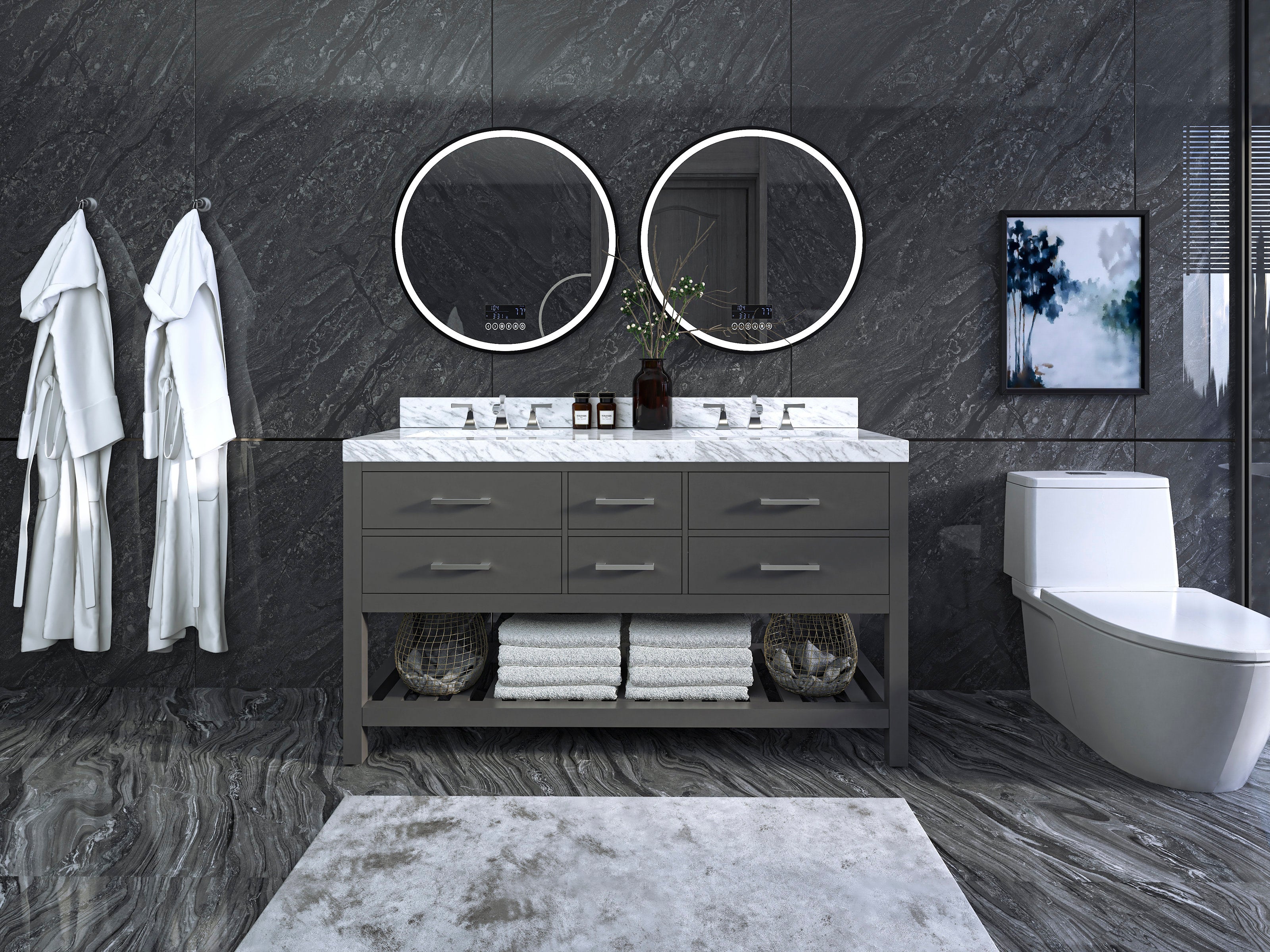 Contemporary 60-inch solid wood double-sink vanity in stone-gray with a white stone marble top, two ceramic sinks, chrome faucets and round LED mirrors, open lower shelf with folded towels and woven baskets against a dark stone wall.