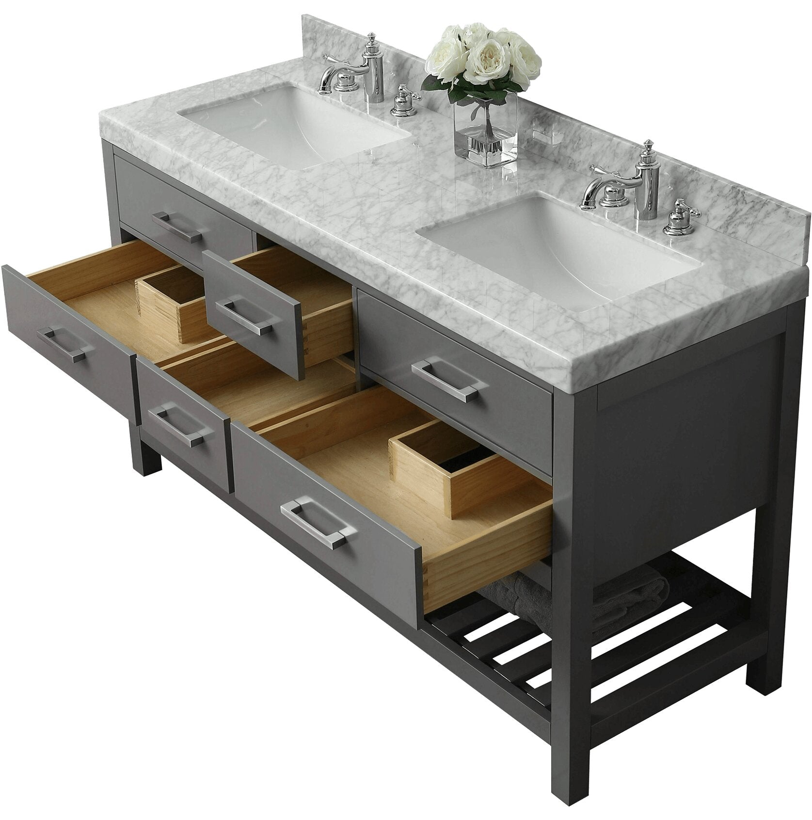 60-inch modern solid wood double-sink vanity with gray painted base, stone marble top, two rectangular ceramic undermount sinks, chrome faucets, open drawers showing natural wood interiors and a slatted lower shelf with towel.