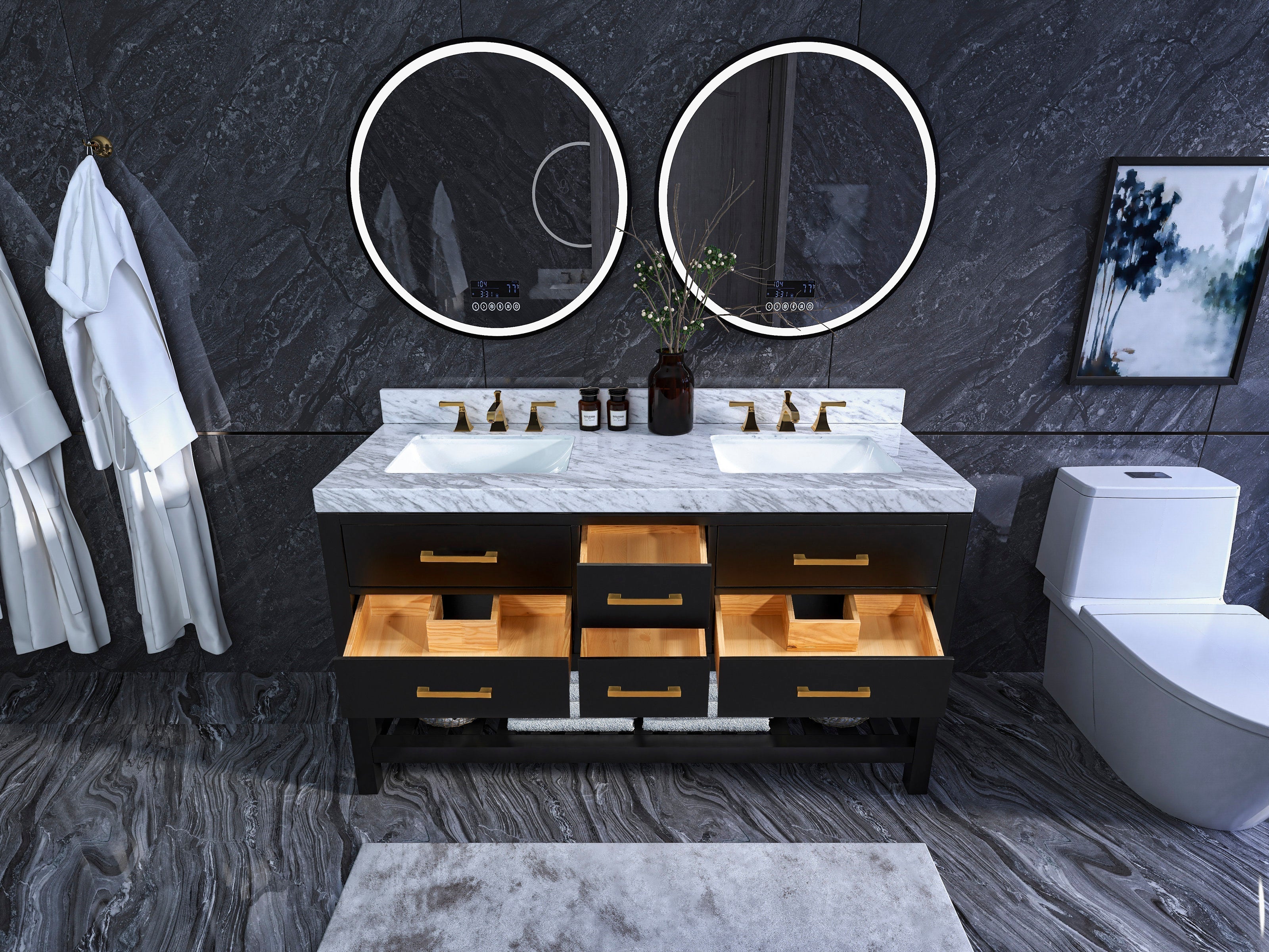 Modern 60-inch solid wood double-sink vanity with stone top featuring gray veining, black wooden base, brushed gold faucets and drawer pulls, two round LED mirrors and open drawers showing natural wood interiors.