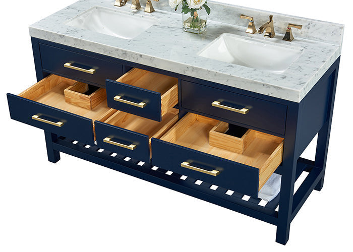 Modern solid wood 60 in. double-sink vanity with stone countertop, two white ceramic undermount sinks, multiple wooden drawers with brass pulls and an open slatted shelf — freestanding contemporary bathroom vanity.