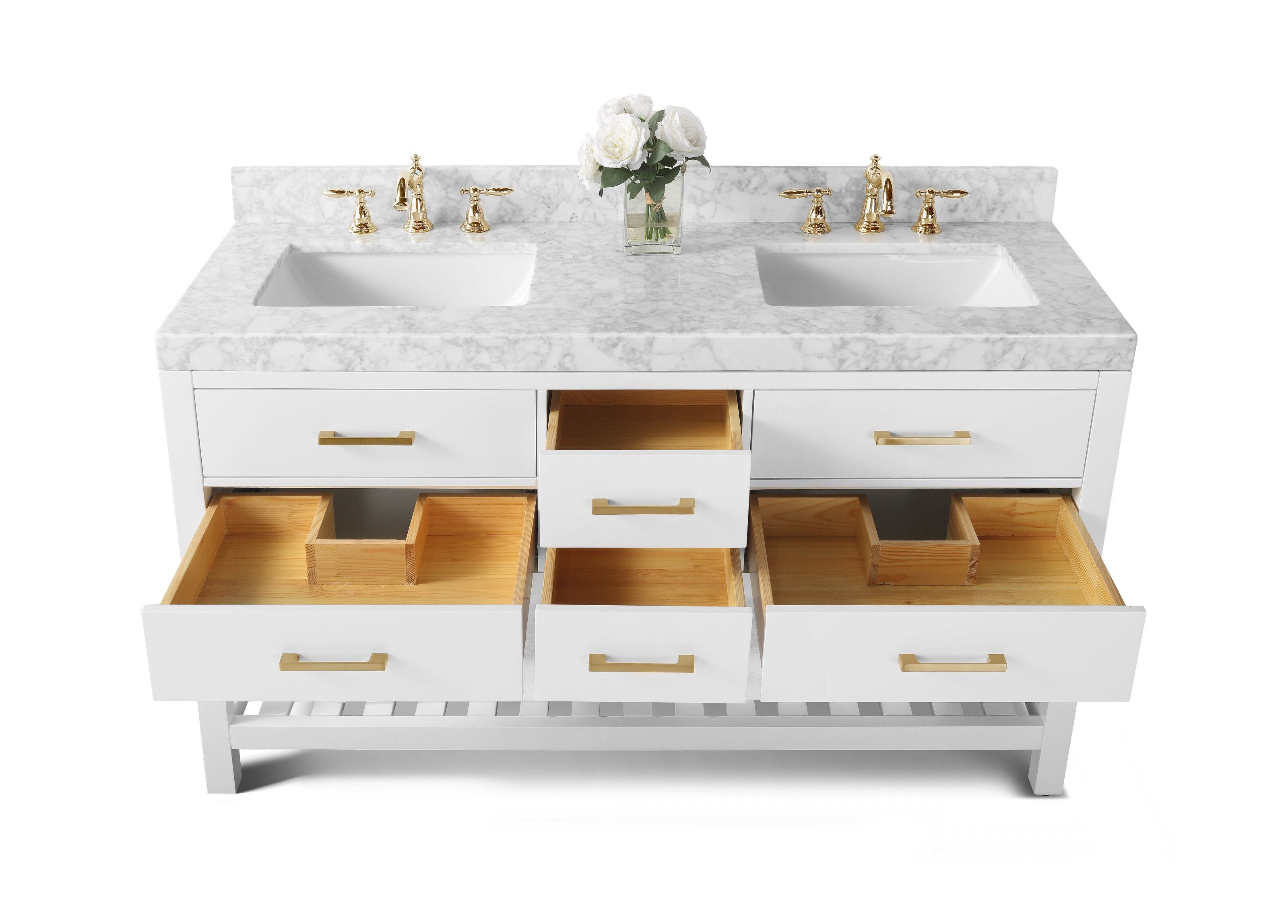 Modern 60-inch freestanding white solid wood double-sink vanity with a stone top, two rectangular white ceramic sinks, brass faucets and hardware, six open drawers showing natural wood interiors and a vase of white flowers.