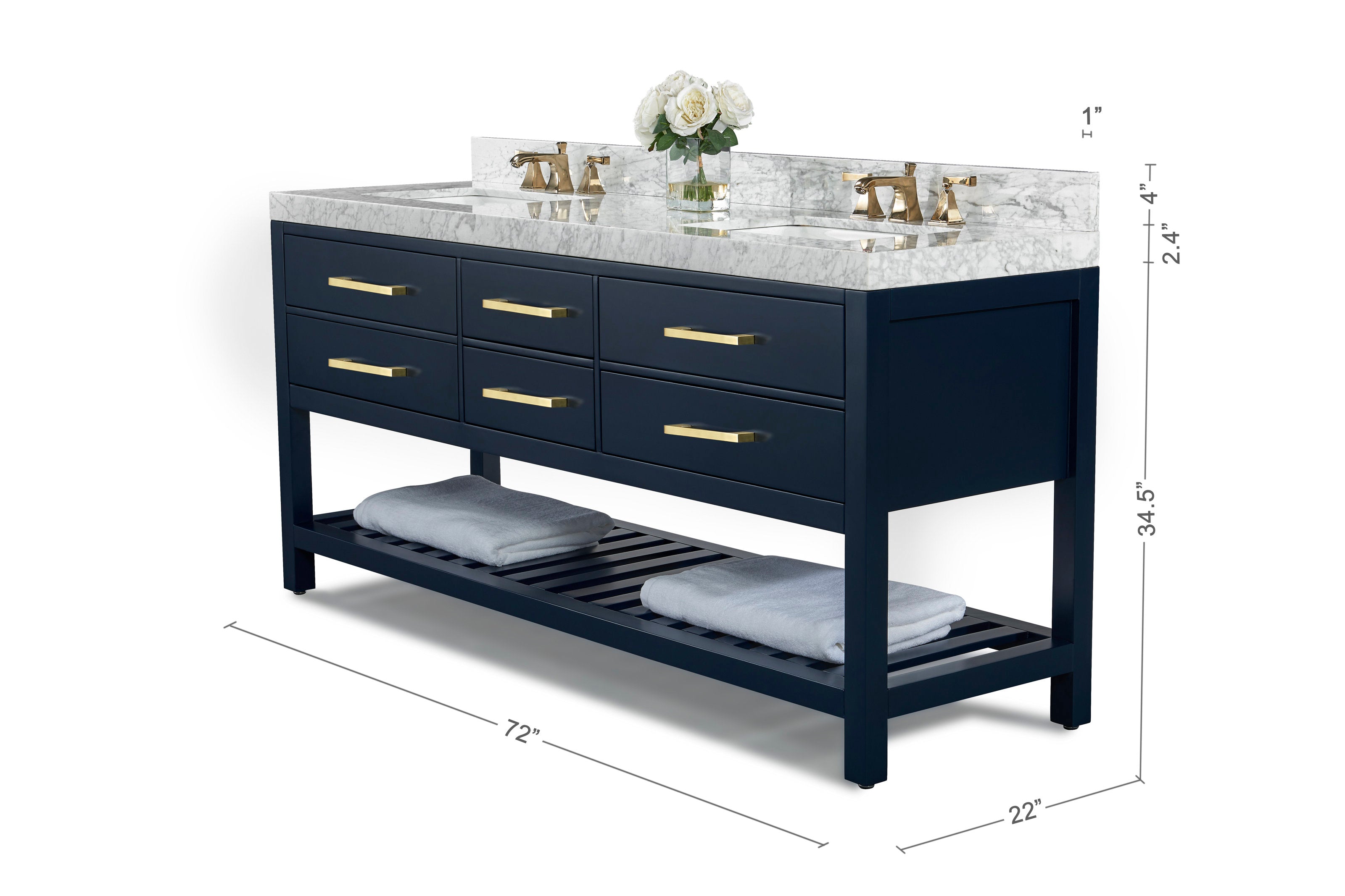 72-inch modern double-sink vanity with marble stone countertop, solid wood freestanding base, brass faucets and drawer pulls, two undermount ceramic sinks and a lower slatted shelf with folded towels.