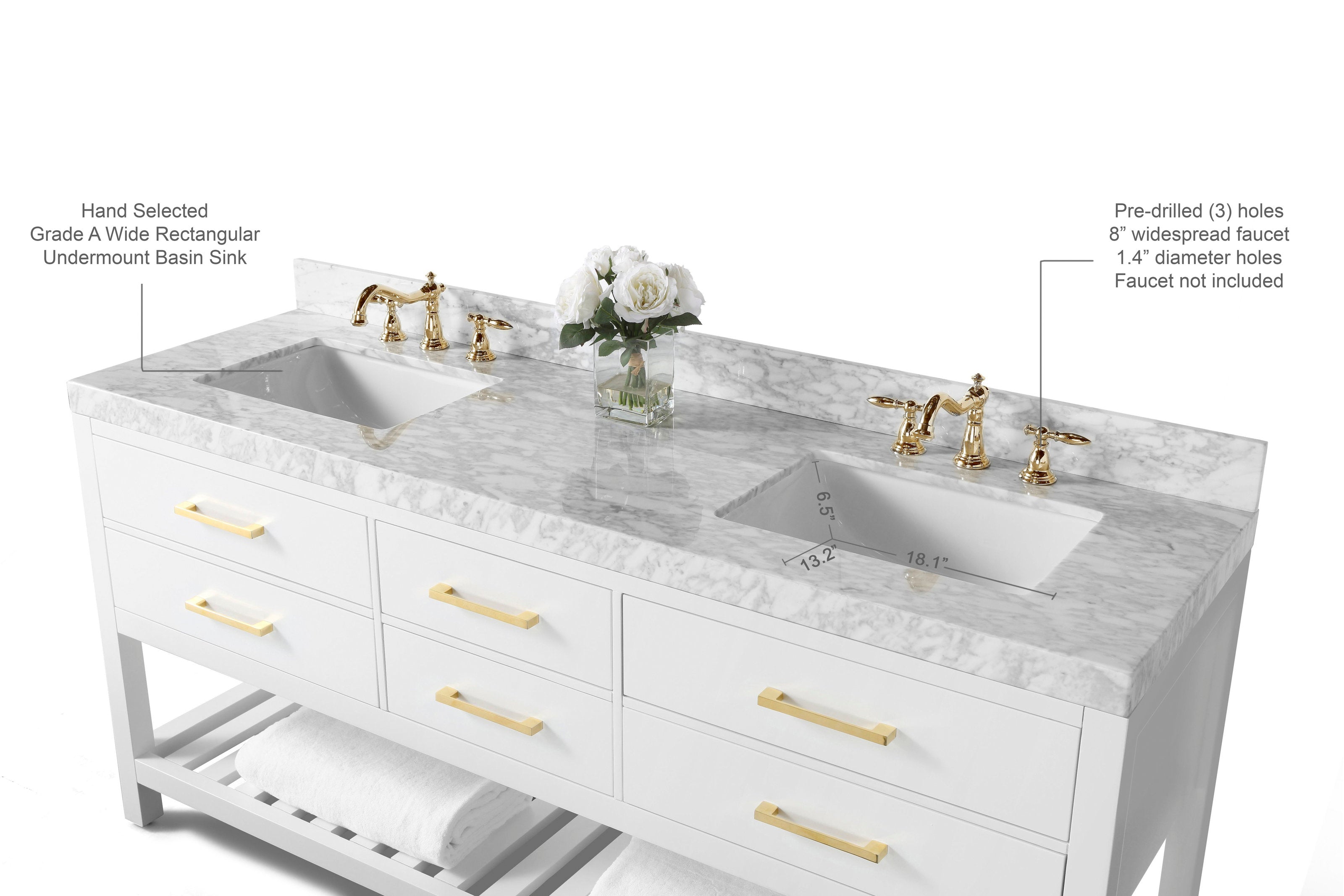 72-inch freestanding modern double-sink vanity with a marble stone top, two rectangular undermount ceramic sinks, polished brass widespread faucets and gold drawer pulls on a white solid wood base with slatted shelf and towels.