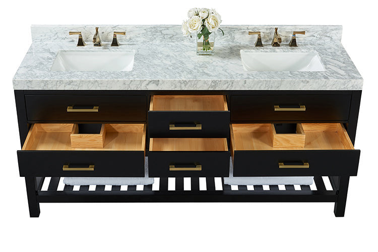 72-inch modern double-sink vanity with marble stone top, two white undermount sinks and brass faucets; black solid wood base with brass drawer pulls, open wood-lined drawers and slatted shelf with towels.