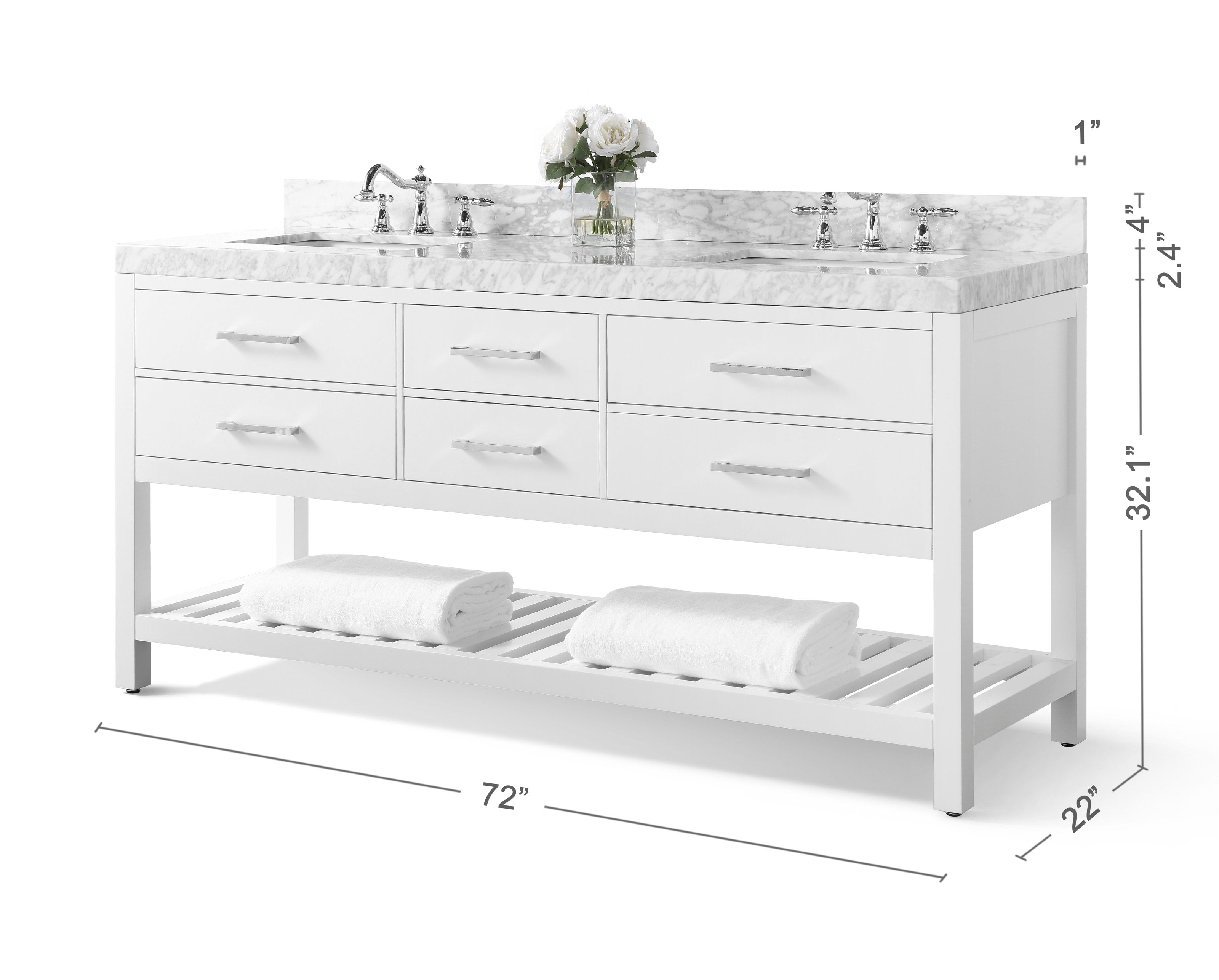 72-inch modern freestanding bathroom vanity in stone finish with marble countertop, two undermount ceramic sinks, polished chrome faucets, six drawers and a slatted lower shelf with rolled white towels.
