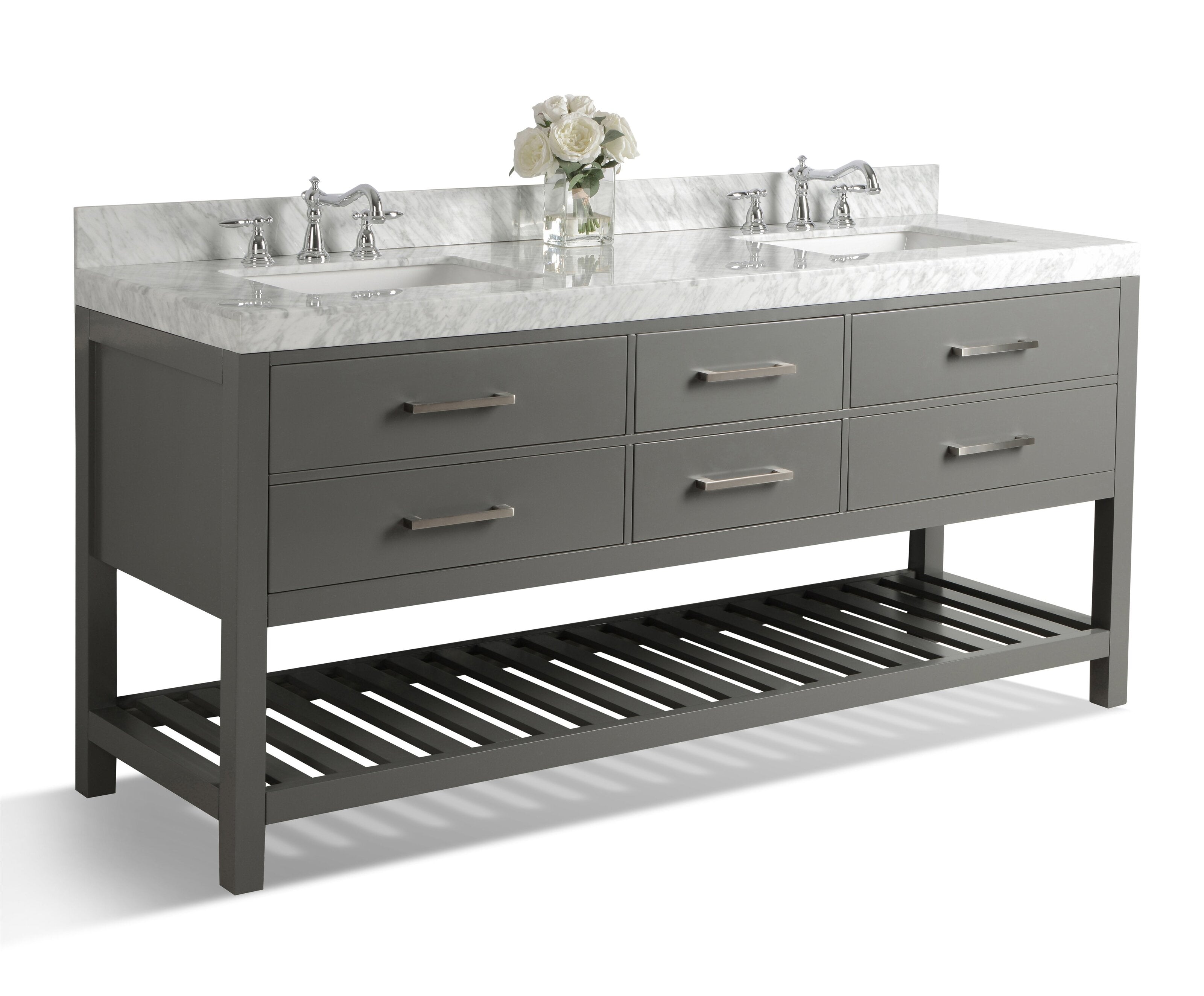 72-inch modern gray solid-wood vanity with stone marble top, two undermount ceramic sinks and chrome faucets, six flat-front drawers with brushed metal pulls and an open slatted shelf below, styled with white roses.