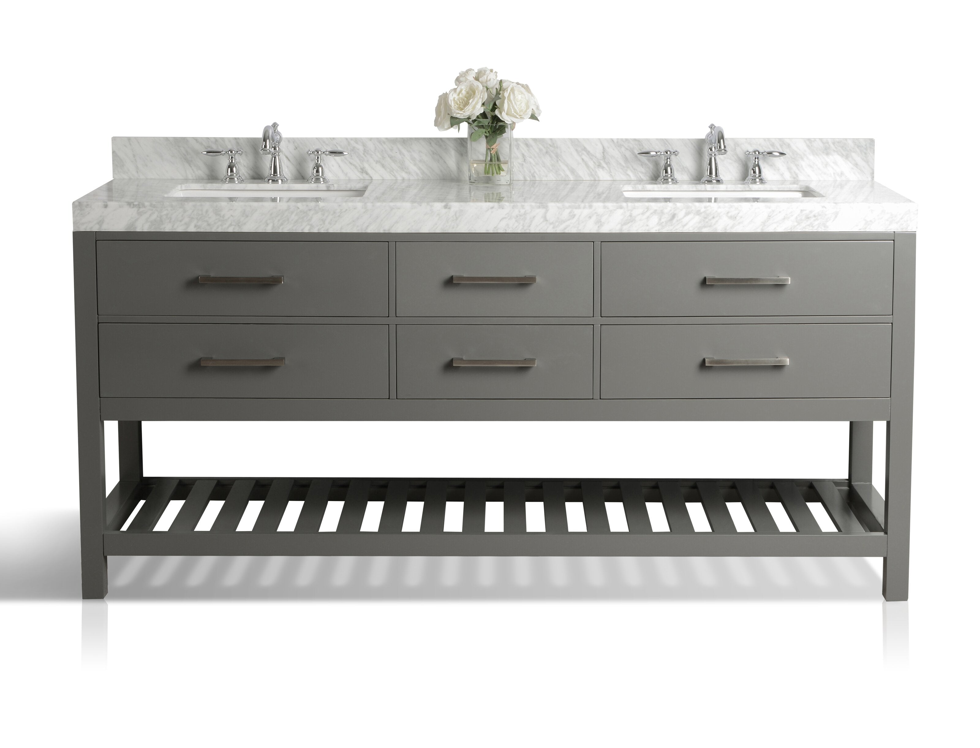72-inch contemporary solid wood double-sink vanity in a stone finish with white marble top and backsplash, two undermount ceramic sinks with chrome faucets, six drawers and an open slatted lower shelf; vase of white flowers on top.