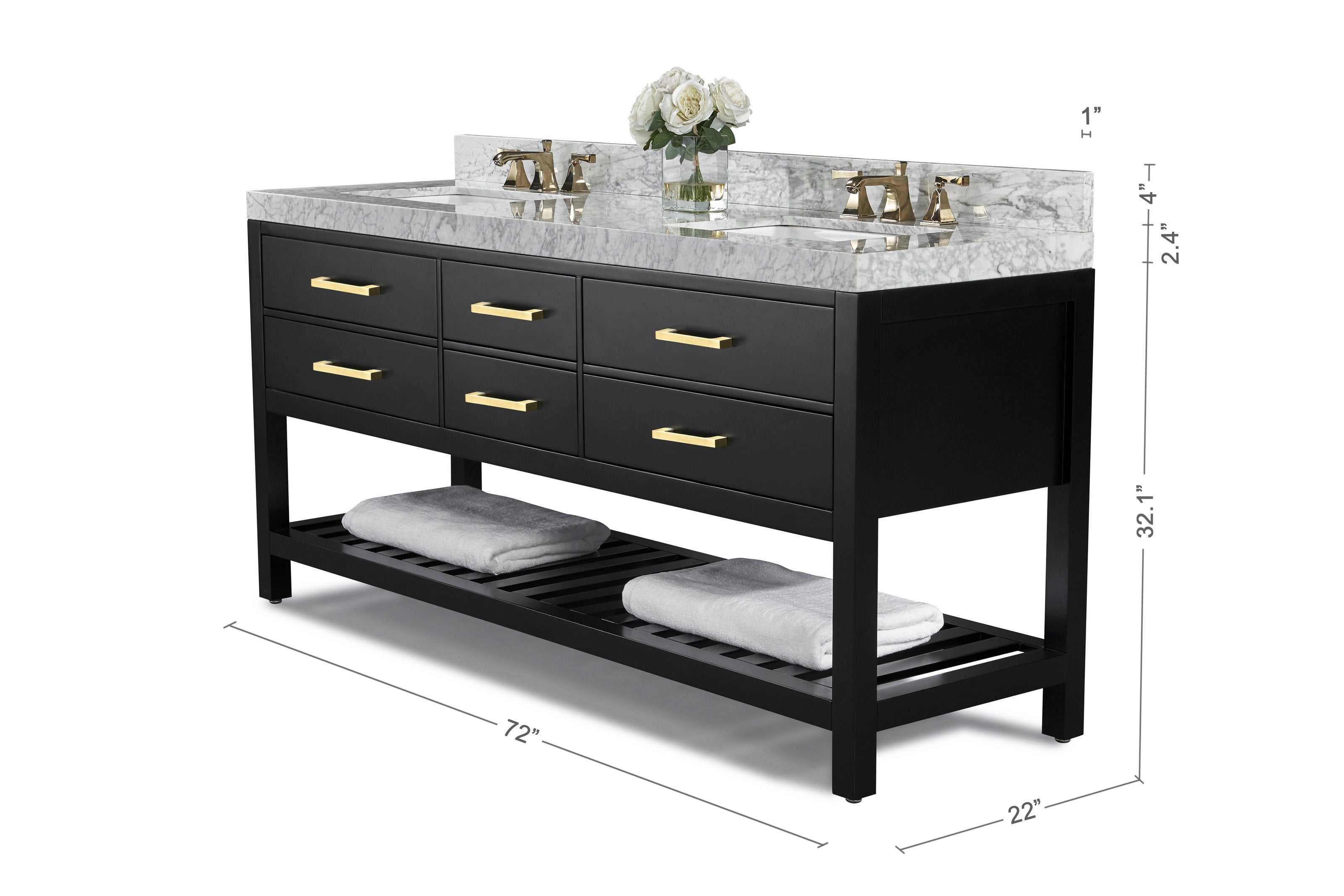72-inch freestanding solid wood double-sink bathroom vanity with stone marble top, black wooden base, brass gold-tone faucets and drawer pulls, slatted lower shelf with folded towels and integrated marble backsplash.
