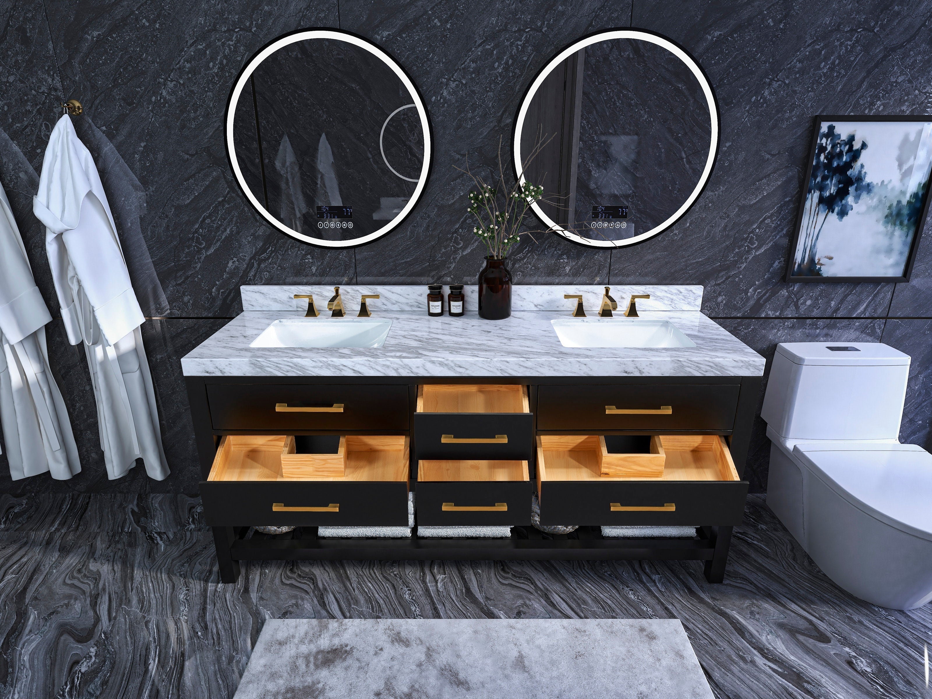 Modern 72-inch freestanding double sink vanity with stone marble top, white ceramic undermount sinks, dark solid-wood base, brass faucets and handles, two round illuminated mirrors above and open drawers showing wood interiors.