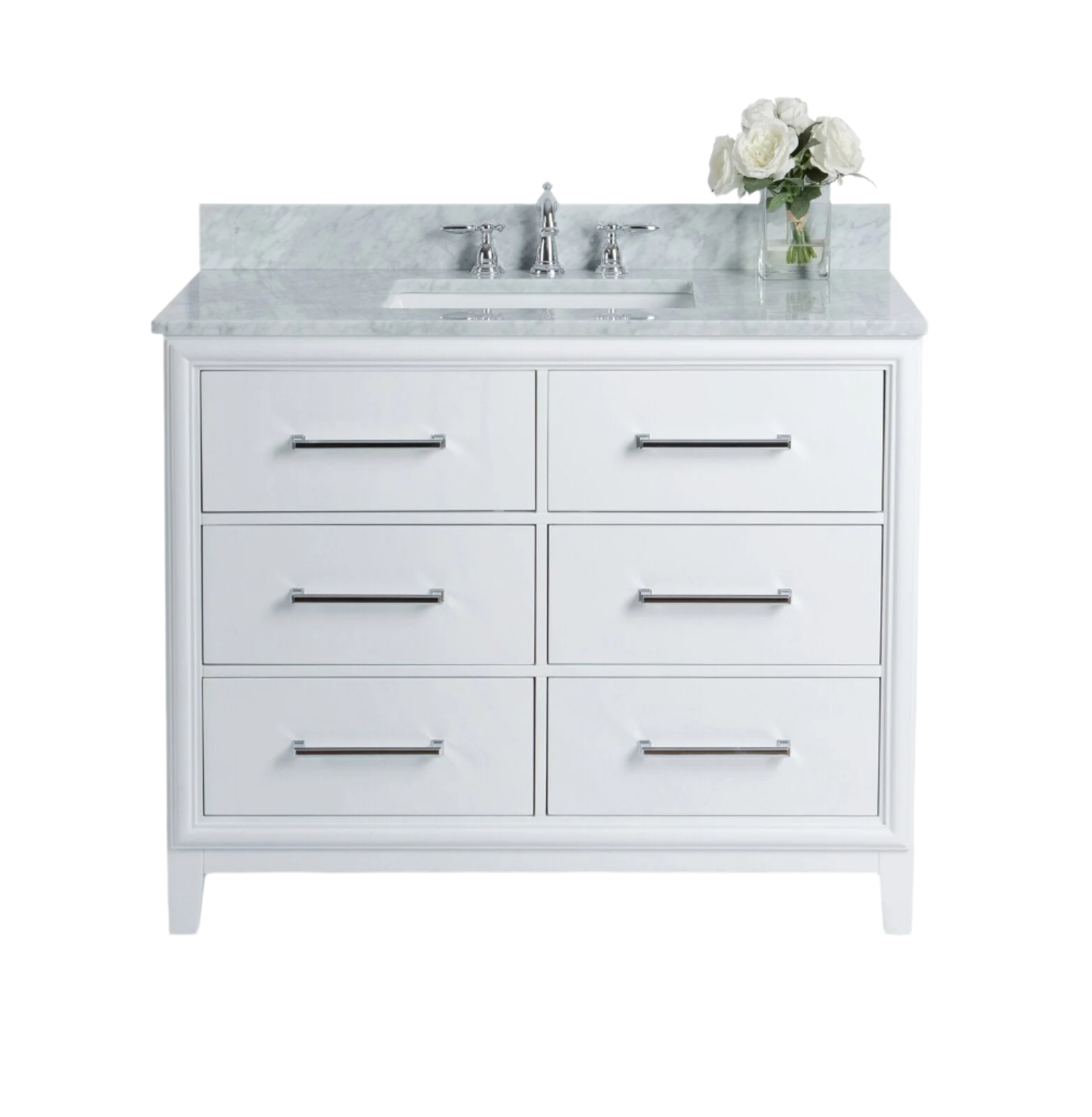 Freestanding modern 42-inch solid wood bathroom vanity in white with a stone top and backsplash, single undermount ceramic sink, chrome widespread faucet and six drawers with chrome bar pulls, styled with a vase of white roses.