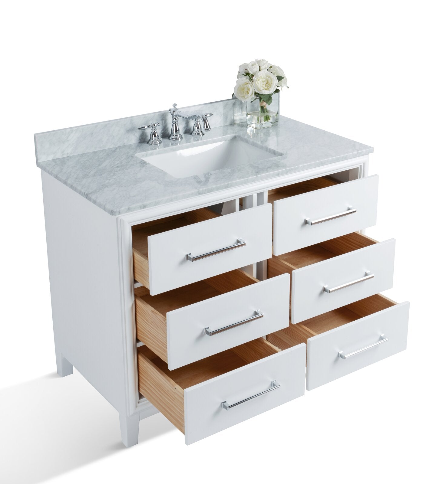 42-inch modern white solid wood single-sink bathroom vanity with a stone marble top and backsplash, ceramic undermount sink, chrome faucet and bar handles, and six open drawers showing natural wood interiors.