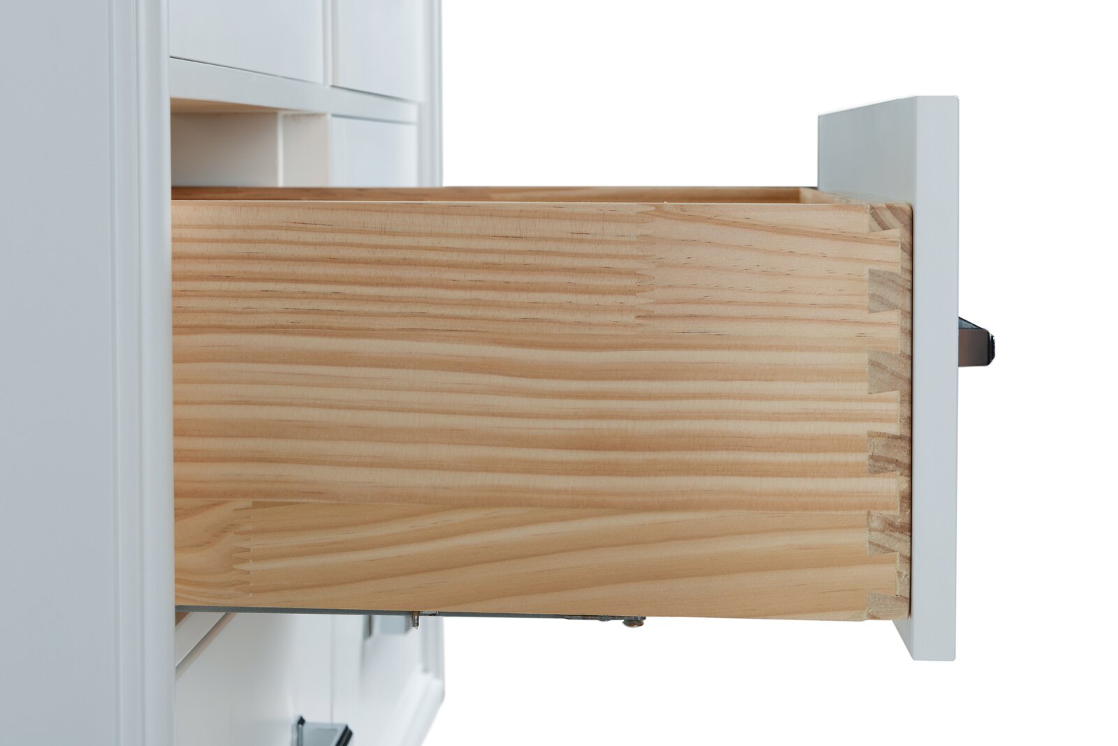 Close-up of a solid wood vanity drawer side showing dovetail joinery, natural wood grain, a white painted drawer front and visible metal slide hardware from a modern single-sink bathroom vanity.