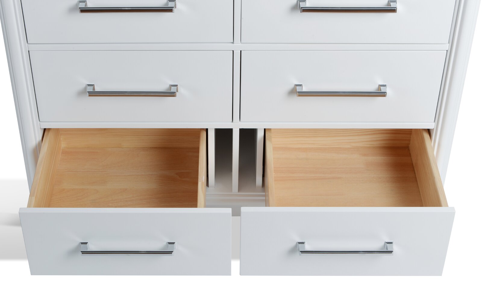 Close-up of a modern stone-colored single-sink vanity showing two open lower drawers with white painted solid wood fronts, chrome bar handles and natural wood interiors with a central partition for plumbing.