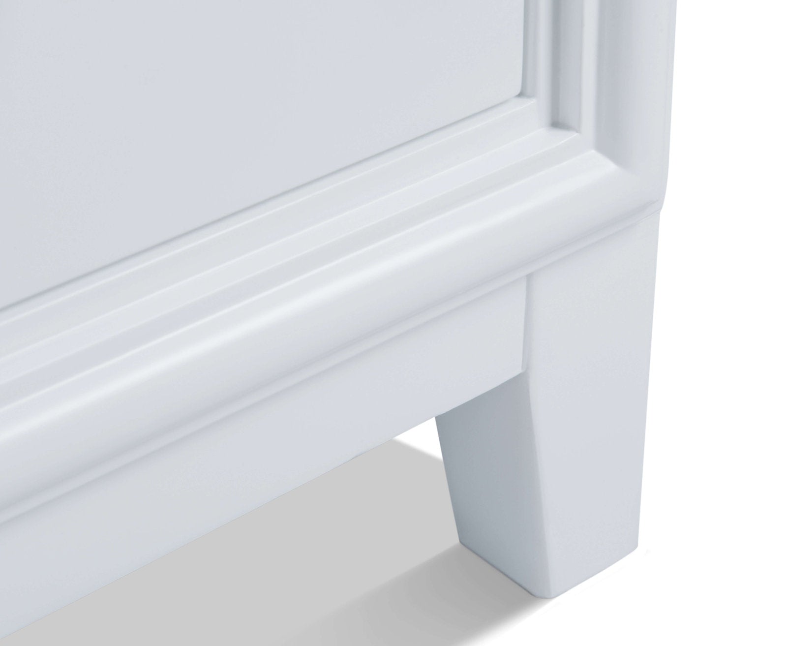 Close-up of the lower corner of a 60-inch stone-finish solid wood bathroom vanity, highlighting the molded apron trim and square tapered leg in a smooth stone color.