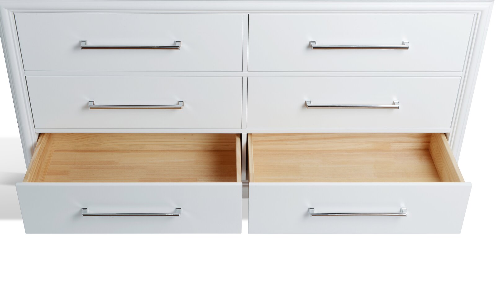 Close-up of a modern stone-colored double-sink vanity front with chrome bar handles and two lower drawers open to reveal natural solid wood interiors.