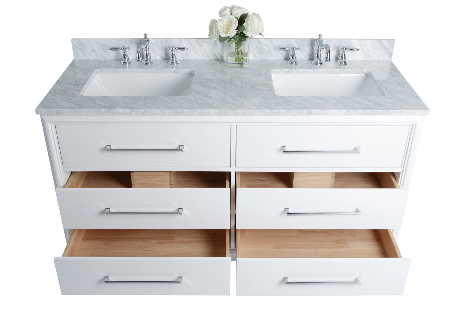 White solid-wood 60-inch double-sink bathroom vanity with light gray stone countertop and backsplash, two rectangular undermount sinks, chrome faucets and handles, and six drawers with natural wood interiors partially open.