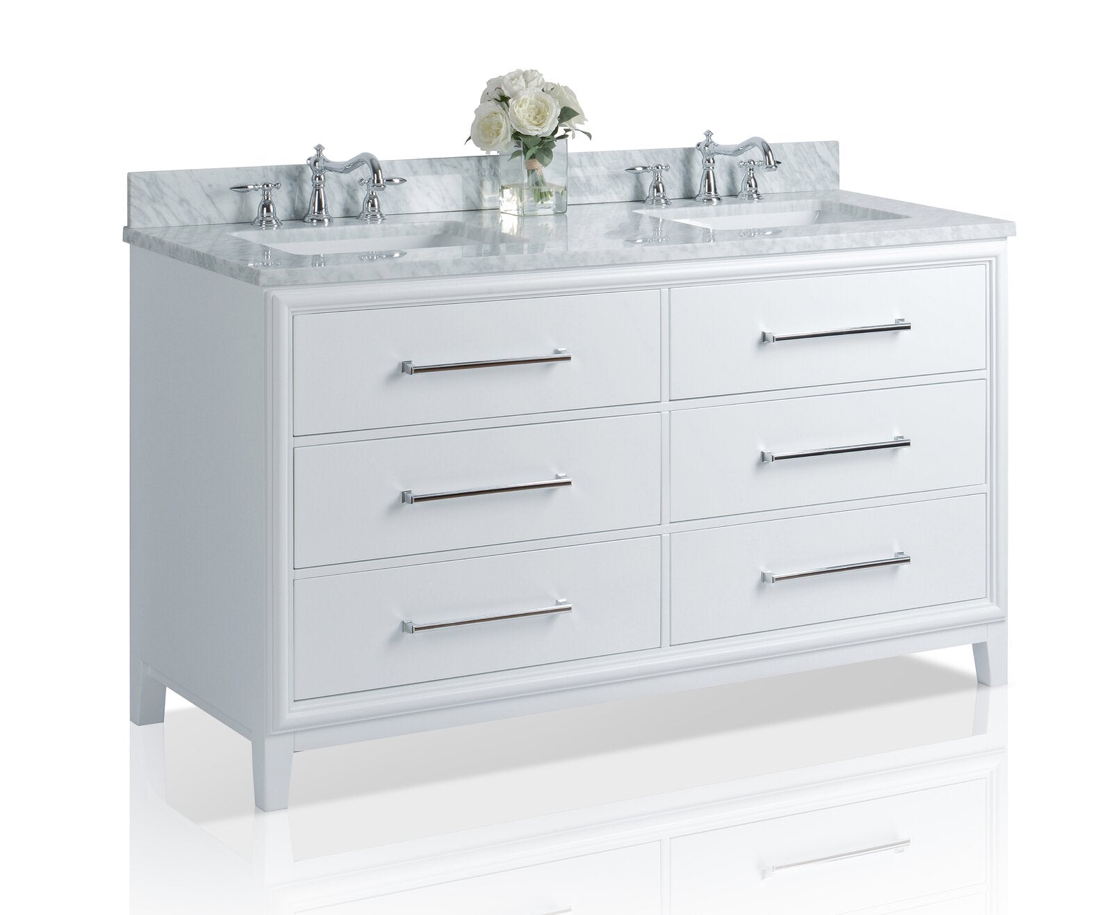 60-inch freestanding white solid wood bathroom vanity with stone marble top and backsplash, two rectangular undermount sinks, chrome widespread faucets and six drawers with long chrome bar pulls.