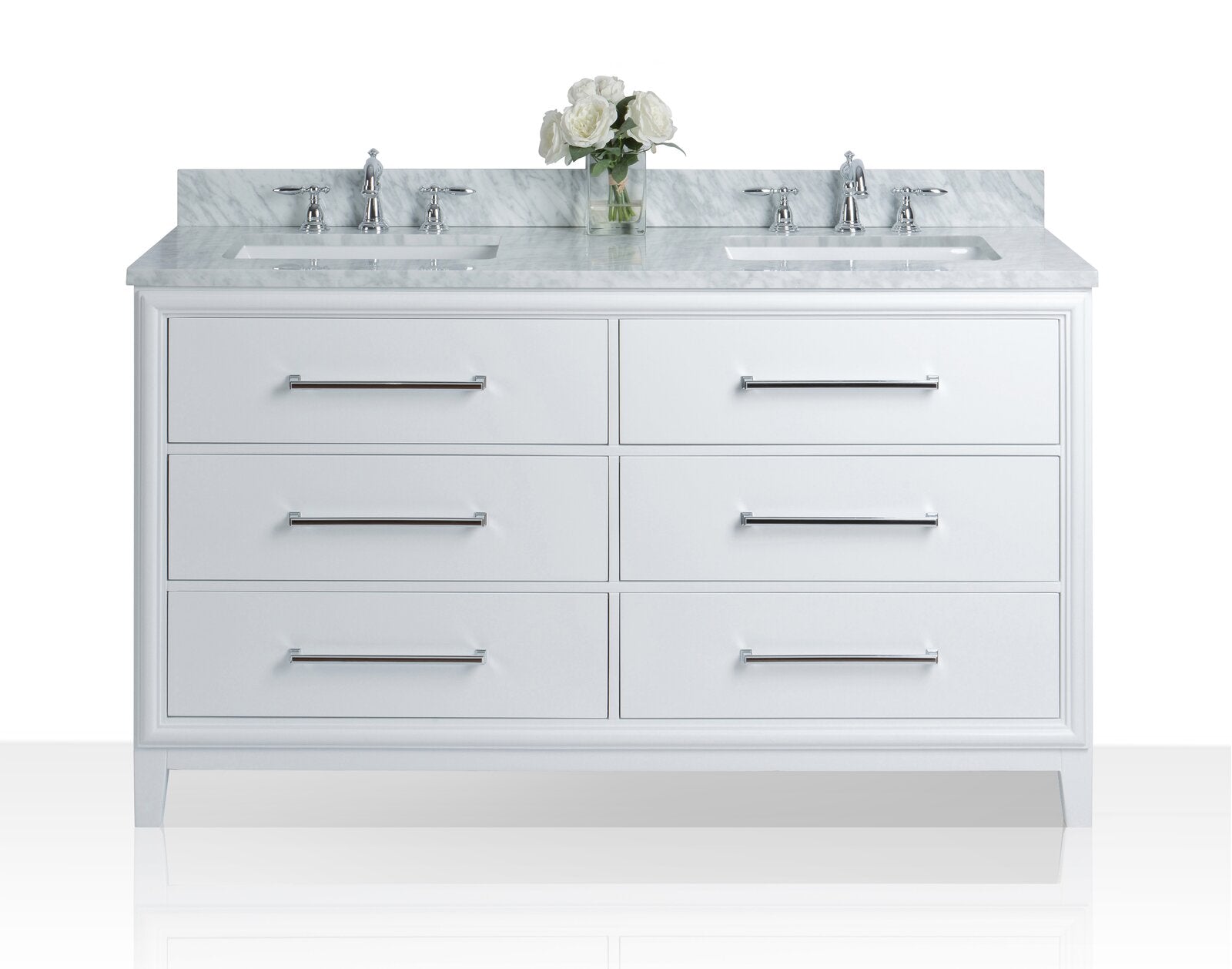 Freestanding modern white solid wood 60-inch double-sink bathroom vanity with a stone countertop and backsplash, two undermount sinks with chrome faucets, six drawers with long chrome bar handles and a small vase of white roses.