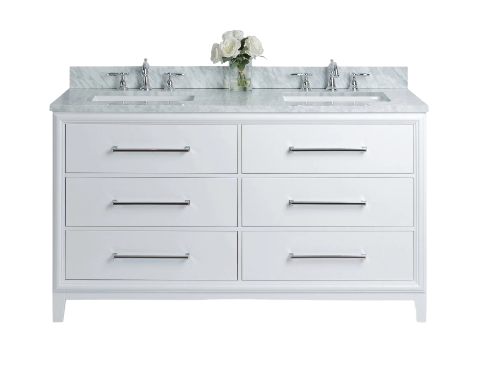 60-inch freestanding solid wood bathroom vanity in white with a stone marble top, two undermount sinks, chrome faucets and long bar drawer pulls, shown with a small vase of white flowers on the counter.