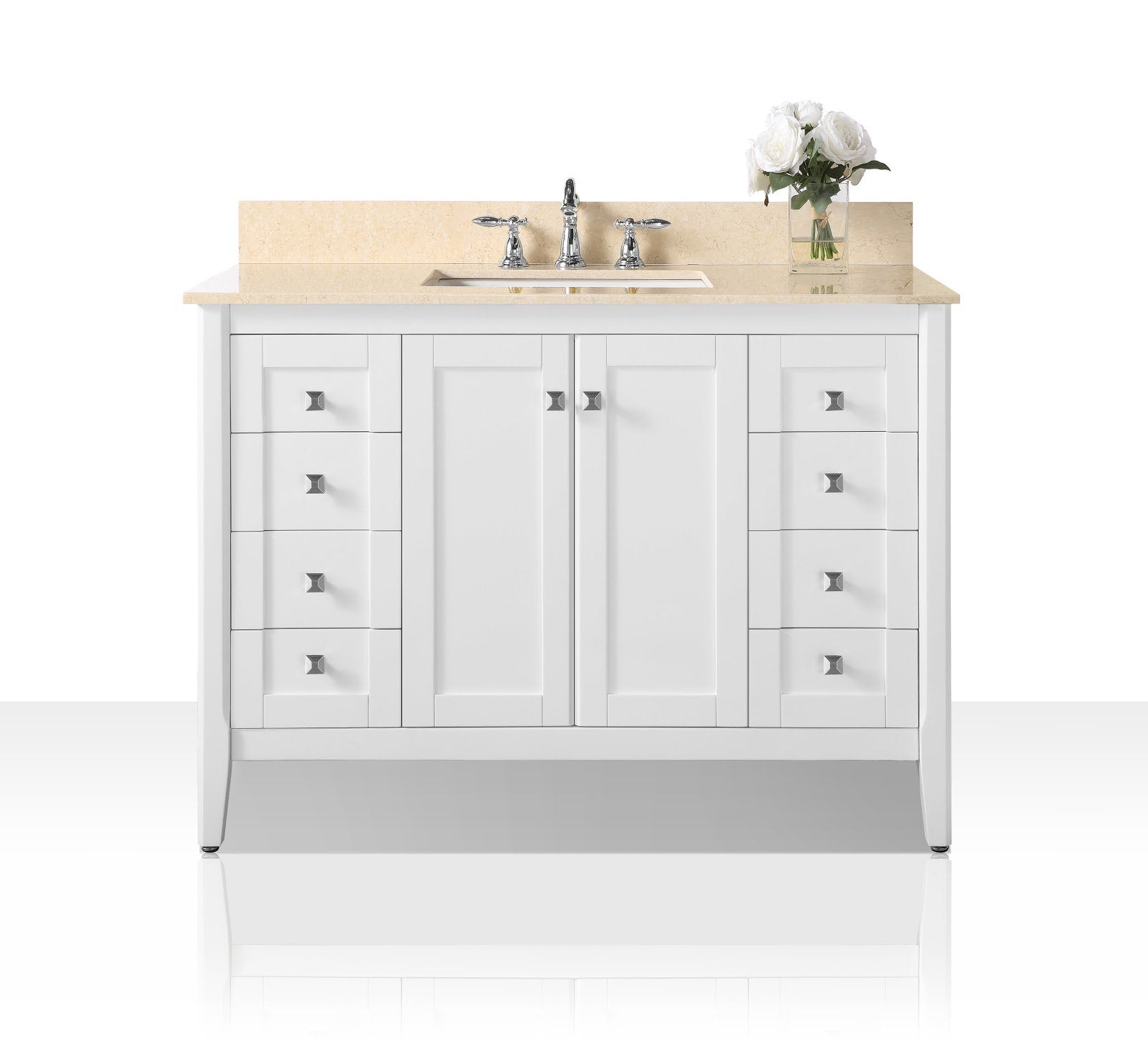48-inch white solid-wood freestanding bathroom vanity with a beige stone countertop and backsplash, undermount ceramic sink, chrome widespread faucet, symmetrical side drawers, center double-door cabinet and a vase of white roses.