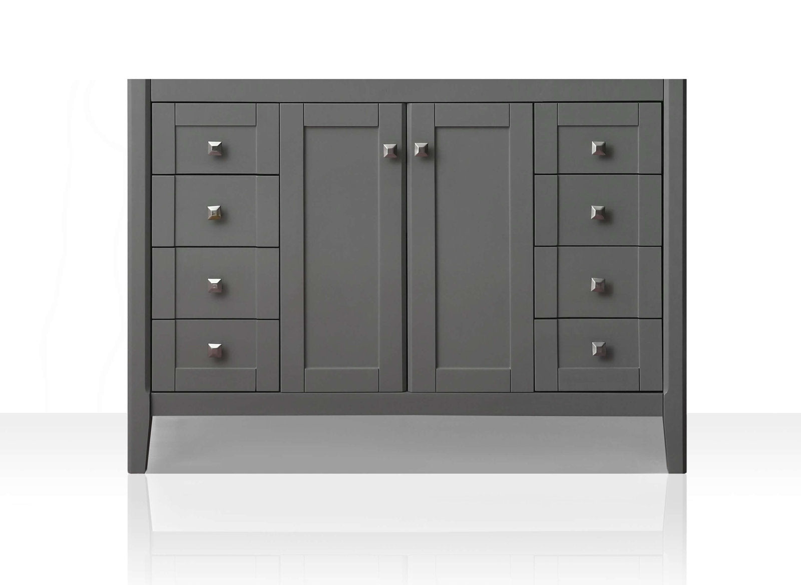 Front view of a 48-inch freestanding modern solid wood bathroom vanity in stone-gray finish, with two center shaker-style doors, four stacked drawers per side, square metal knobs and tapered legs.