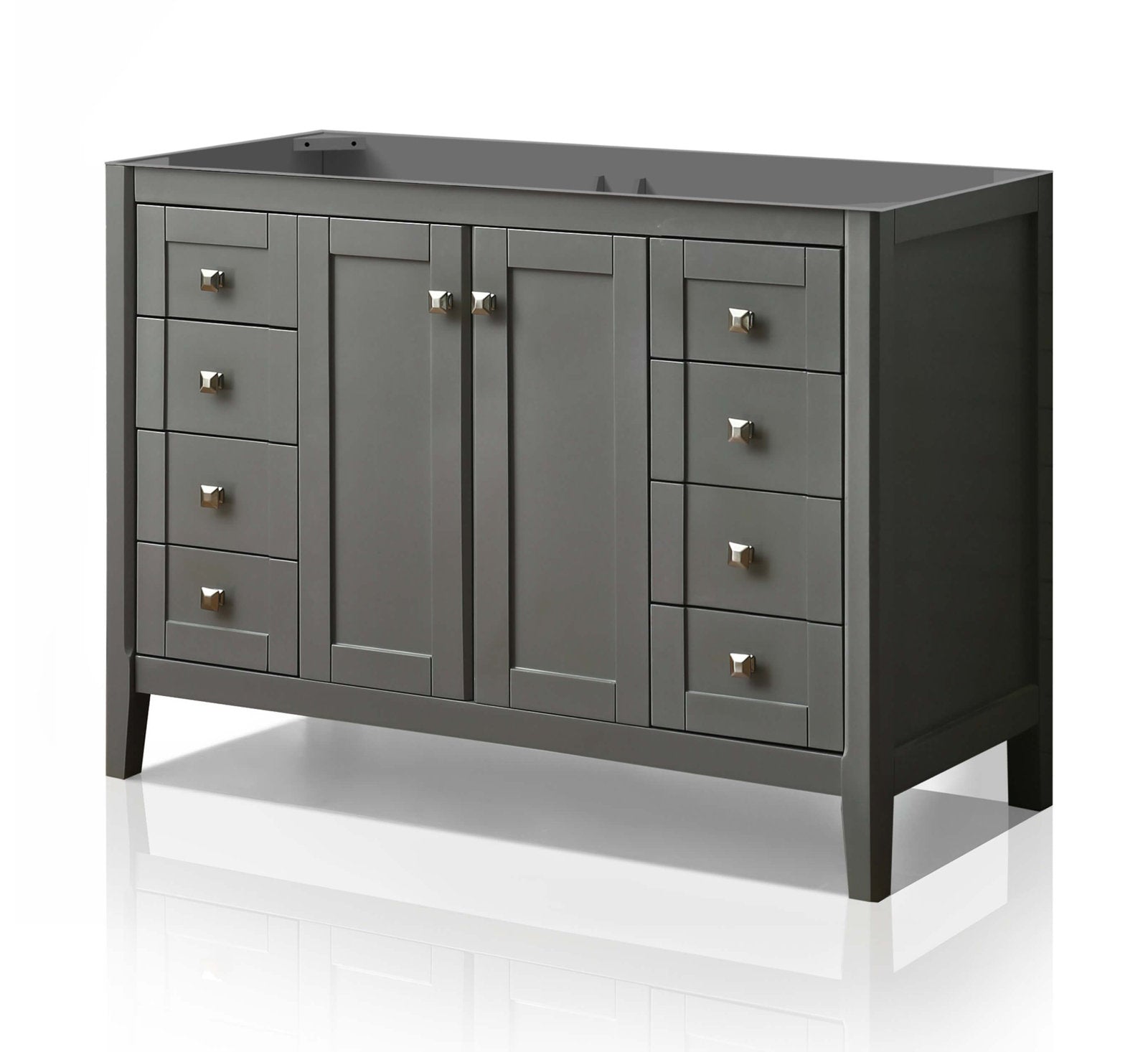 Modern 48-inch stone-colored solid wood bathroom vanity with stone top and single-sink opening; freestanding design with two center cabinet doors, four stacked drawers per side, recessed panels, square metal knobs and tapered legs.
