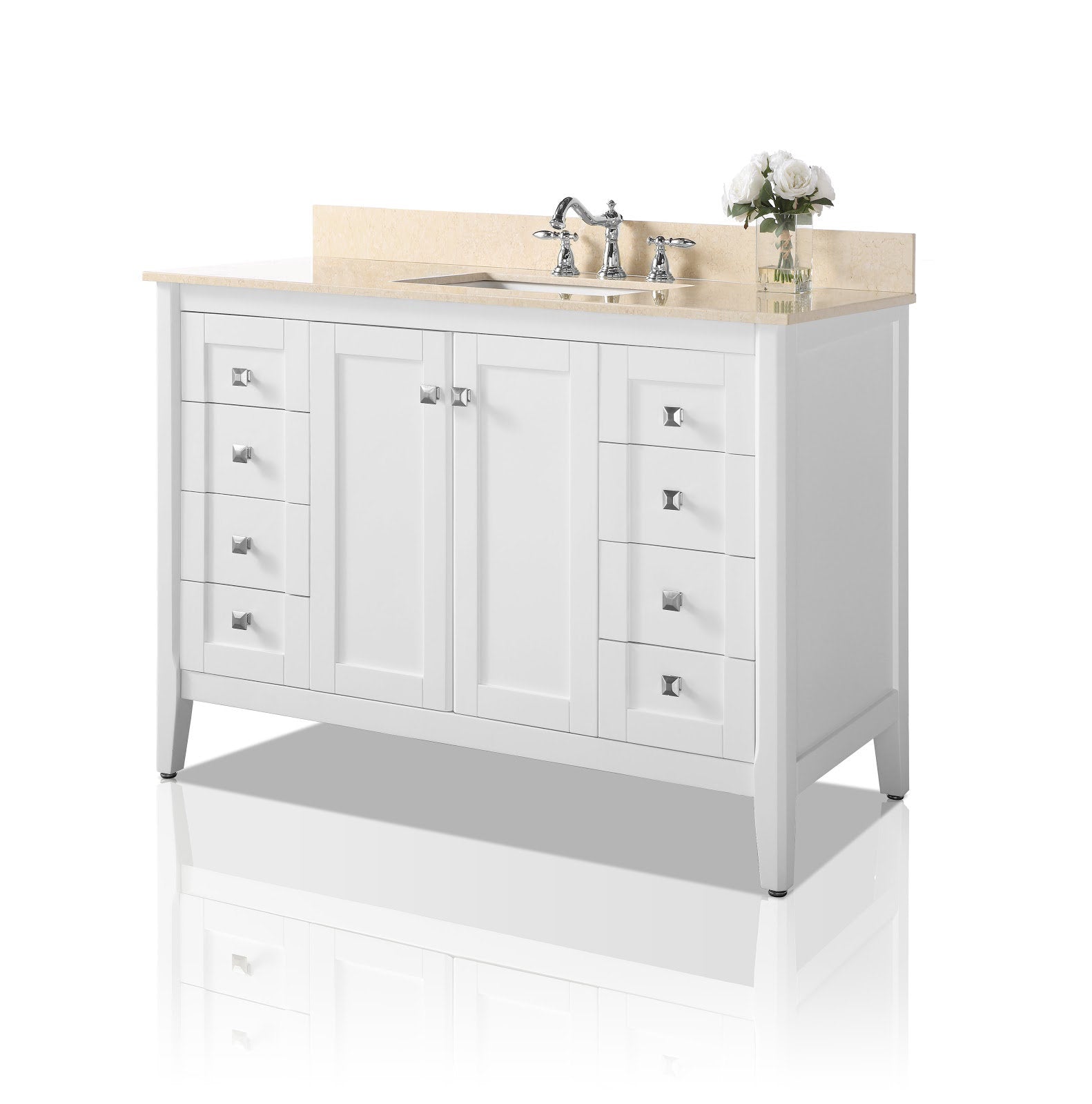 48-inch freestanding white solid wood bathroom vanity with beige stone marble countertop and backsplash, integrated rectangular ceramic sink, chrome widespread faucet, two center cabinet doors and stacked drawers with square chrome knobs.