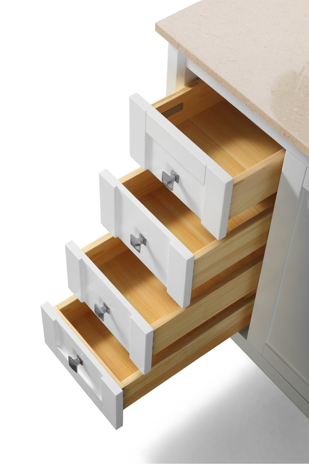 Top-down view of a modern white bathroom vanity with a beige stone countertop and four open solid-wood drawers showing natural wood interiors and square chrome drawer pulls.