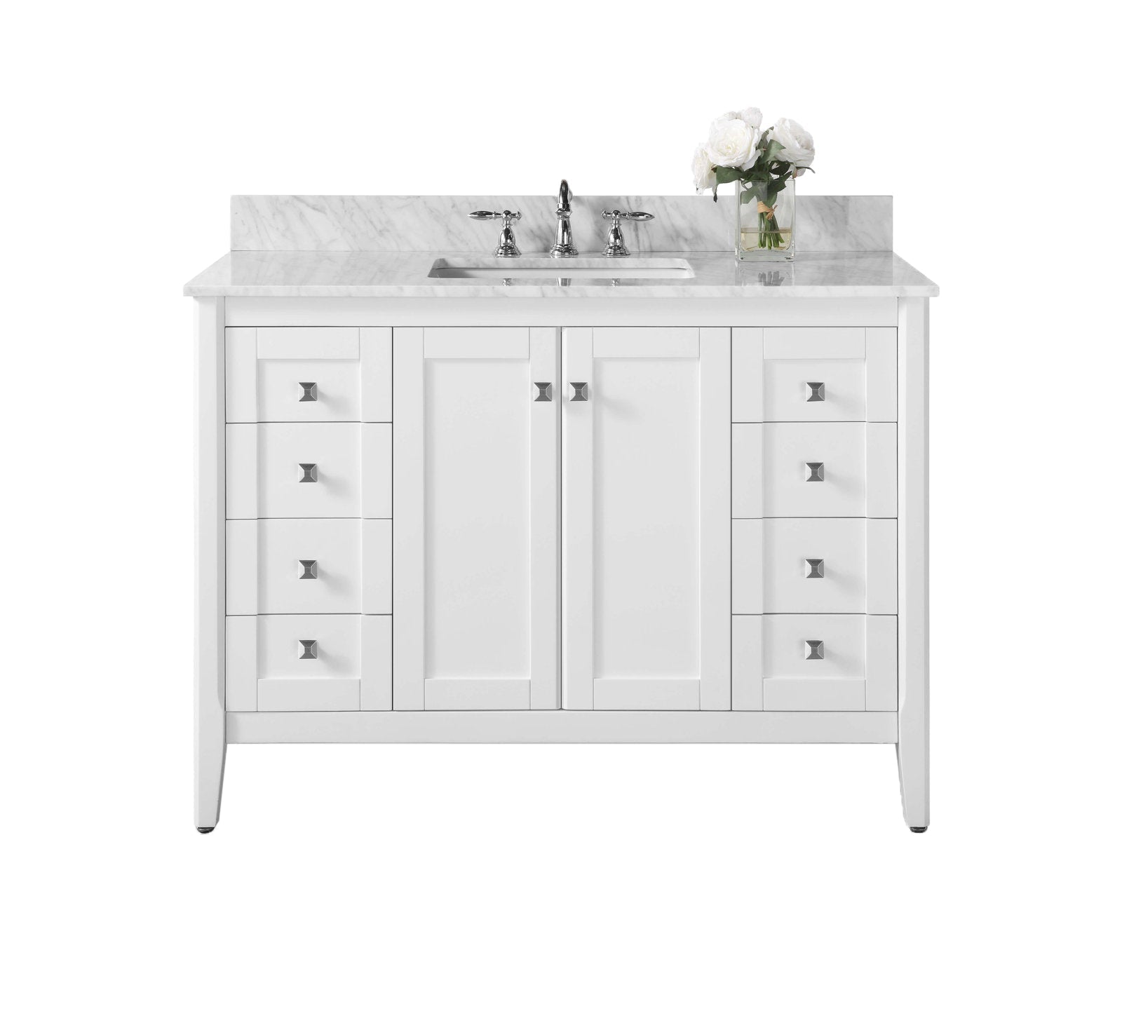 48-inch modern white solid-wood bathroom vanity with a stone marble top and backsplash, undermount ceramic sink and chrome faucet, two center cabinet doors flanked by four stacked drawers on each side with square chrome knobs and a vase of white flow