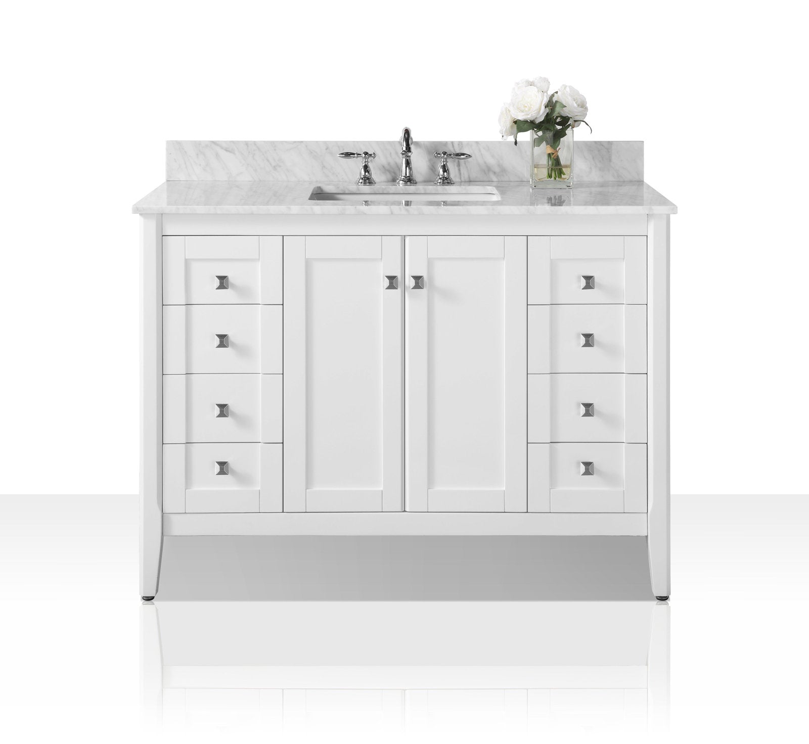 Front view of a 48-inch white solid wood freestanding bathroom vanity with a stone marble top, undermount ceramic sink, chrome faucet and square chrome knobs, two center doors and stacked drawers on each side.