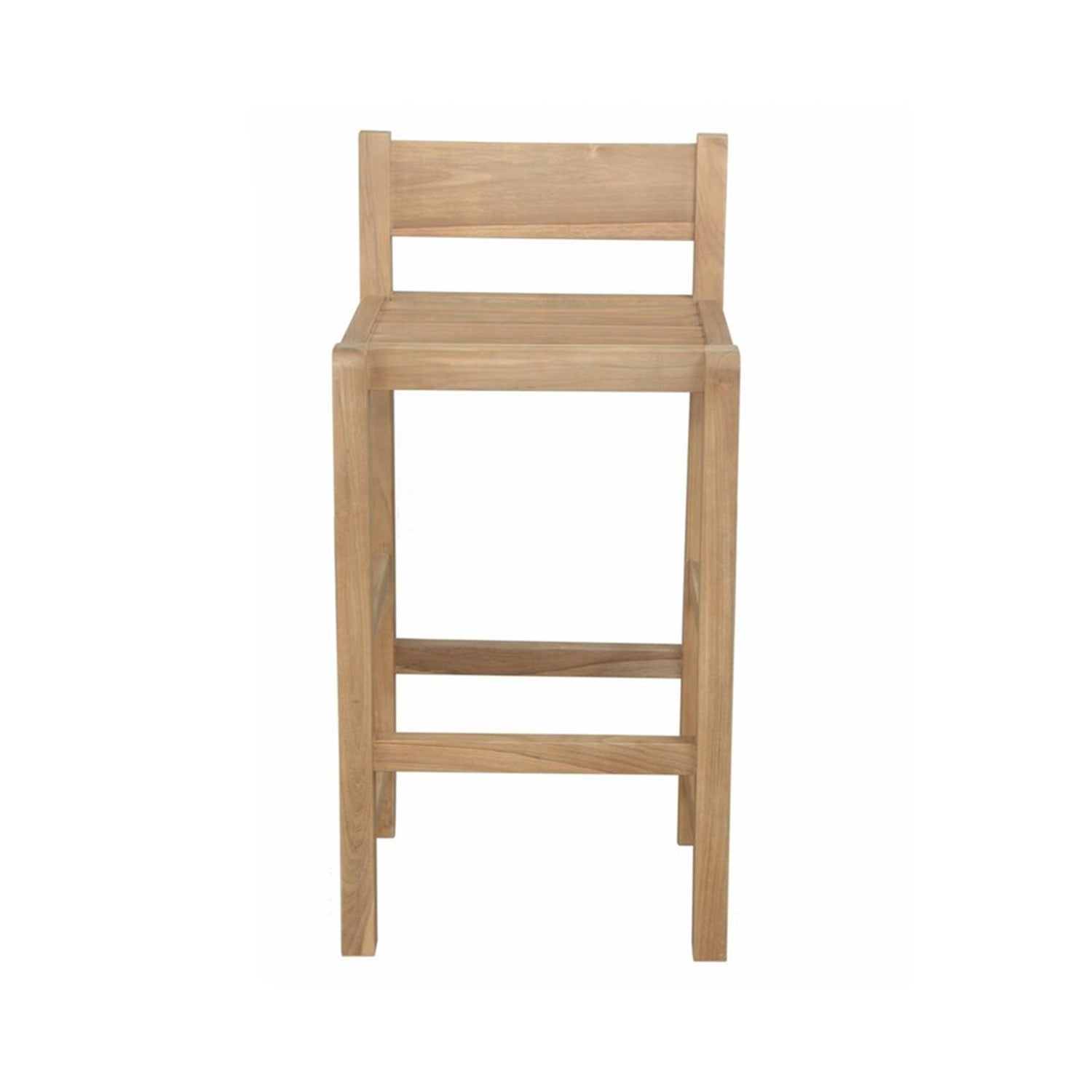 Front view of an armless teak outdoor bar stool in a natural finish, coastal-contemporary design with a low slatted back, slatted seat, straight legs and two horizontal footrest rungs.