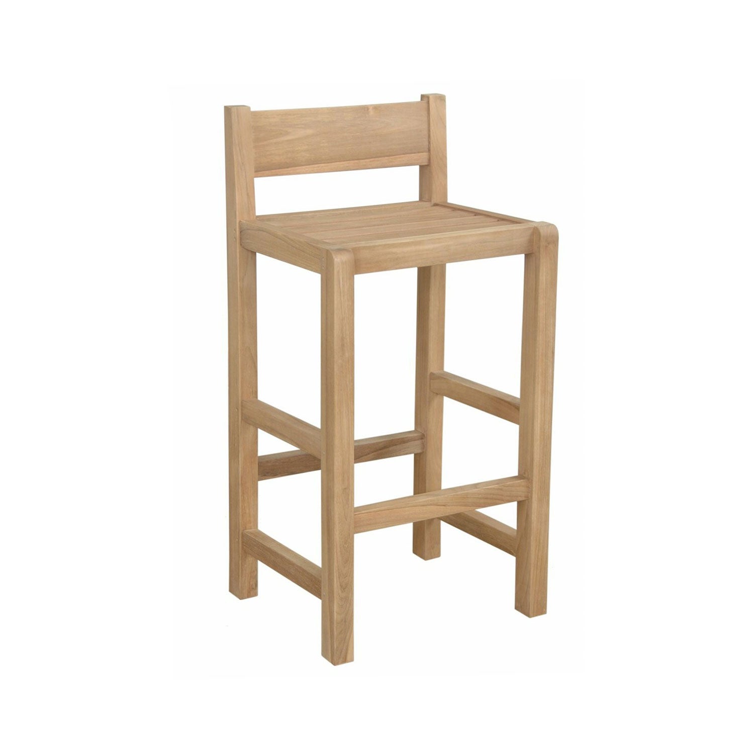 Armless solid teak outdoor bar stool in a natural finish with a slatted square seat, low straight back and sturdy straight legs joined by footrest stretchers in a coastal-contemporary style.