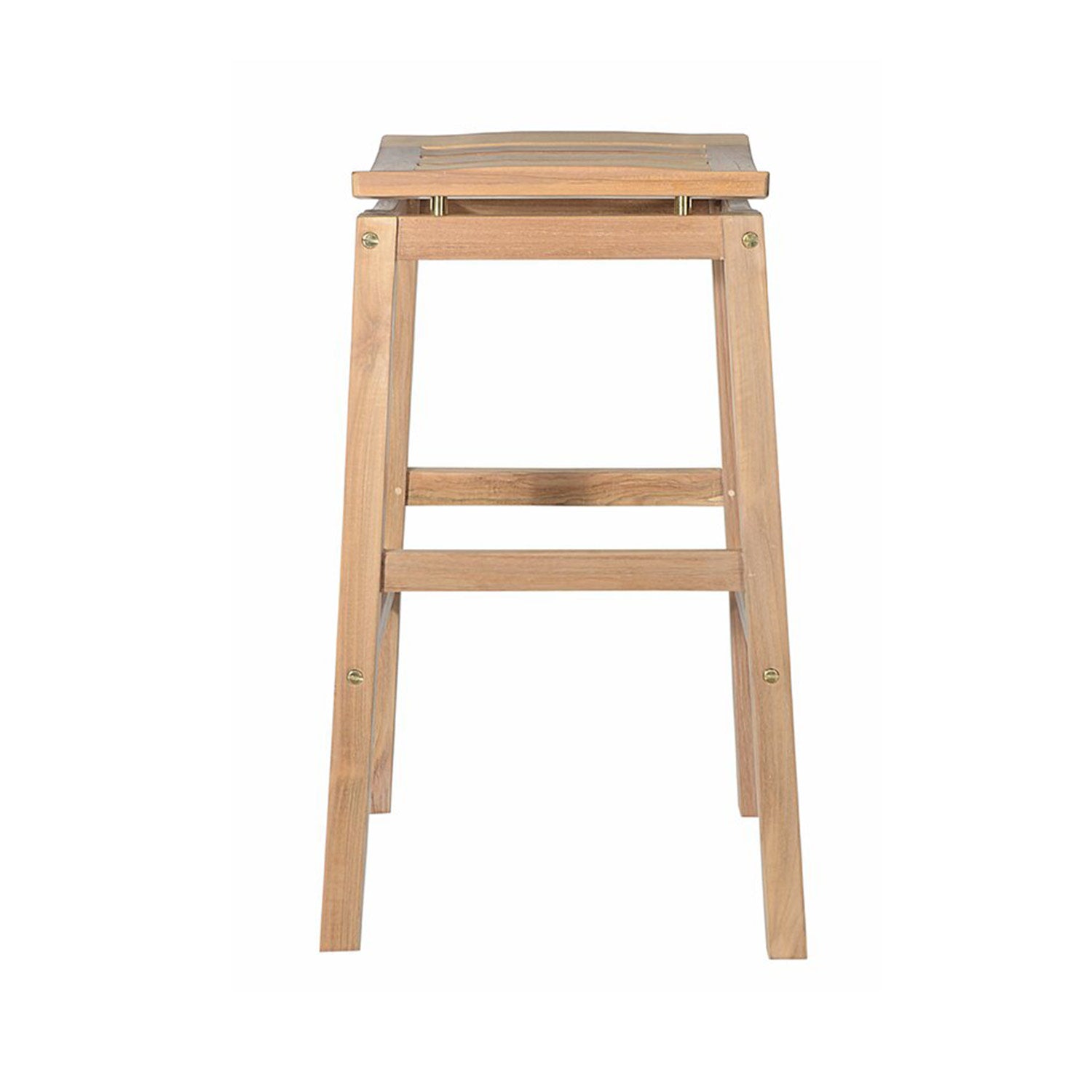 Backless teak outdoor bar stool in a natural finish with a slatted seat, visible brass fasteners, tapered legs and horizontal stretchers for support, photographed front-on on a white background.
