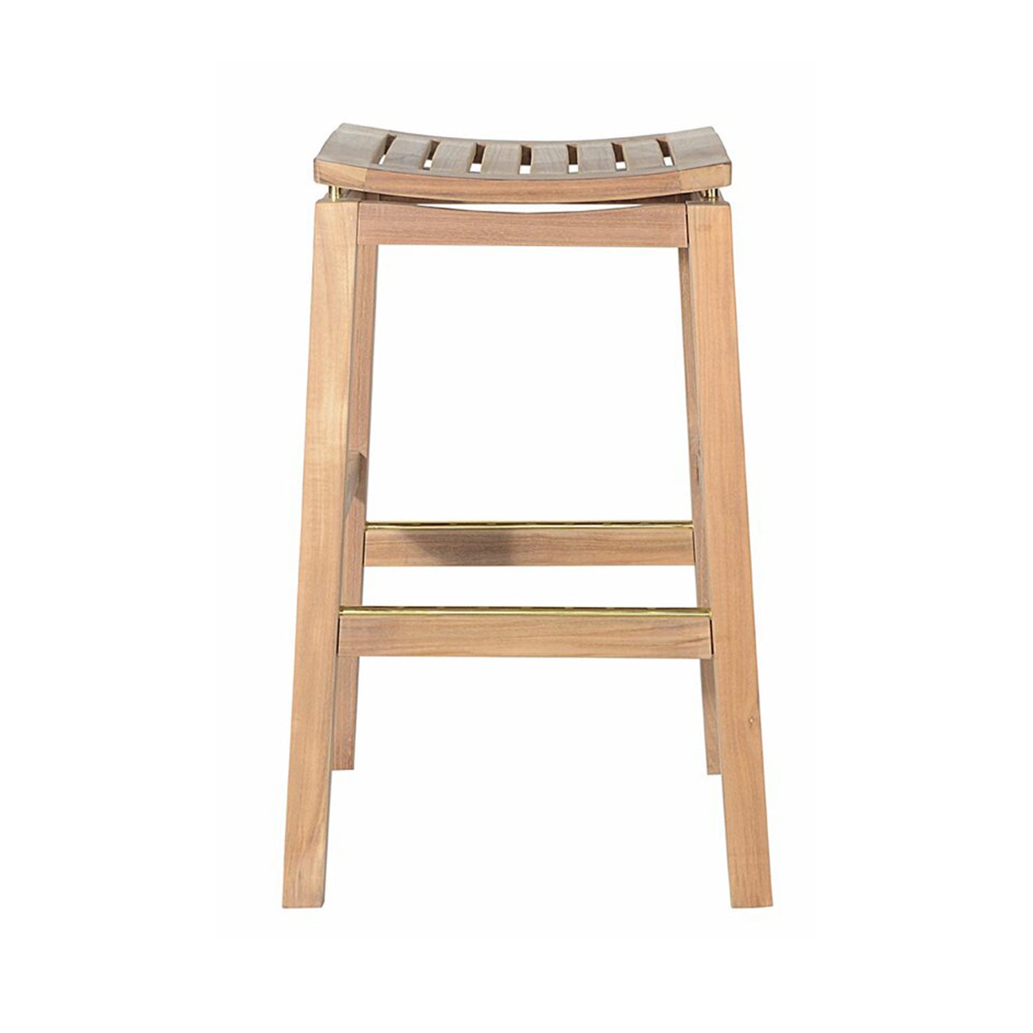 Backless teak outdoor bar stool in a natural finish with a gently curved slatted seat, square tapered legs and brass-accented footrails, styled for coastal patios and shown on a white background.