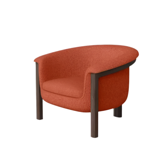 Modern orange fabric-upholstered accent chair with a rounded barrel back, plush cushioned seat, and exposed dark wood legs and frame.