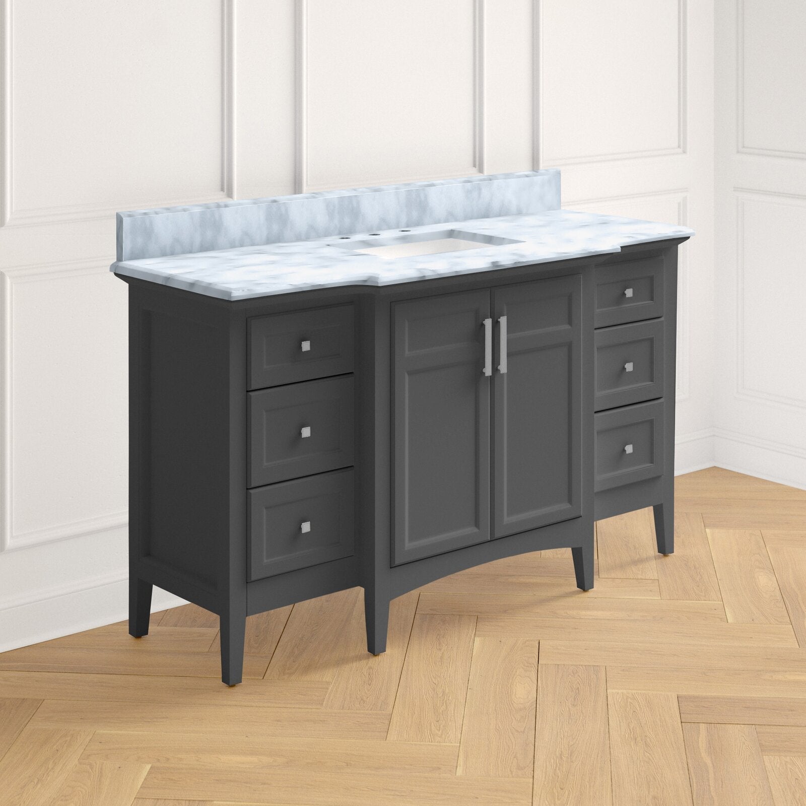 Freestanding 60-inch modern single-sink bathroom vanity in gray solid wood with a stone marble-look countertop and matching backsplash, undermount rectangular sink, central double-door cabinet, three drawers per side, and metal hardware.