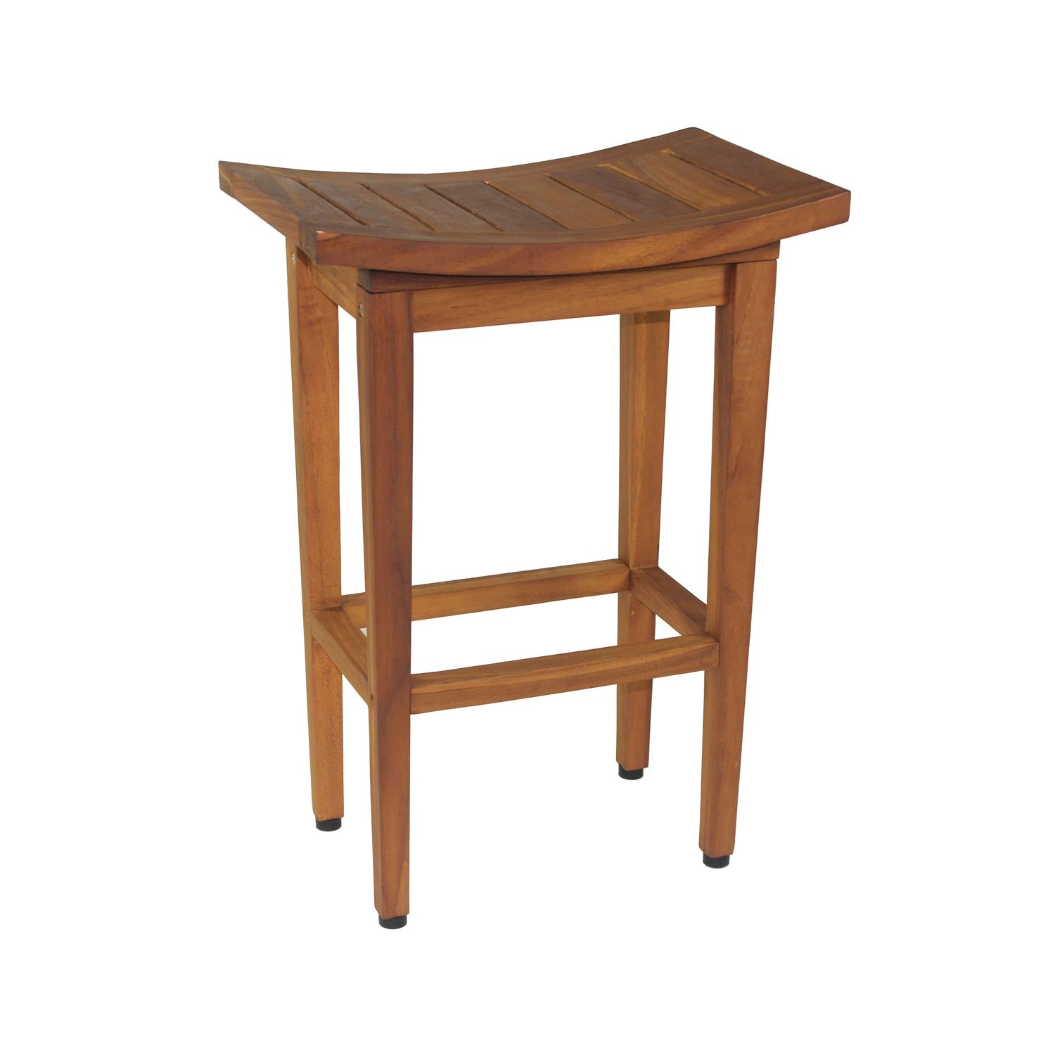 Backless outdoor bar stool made from solid teak with a curved slatted seat, square legs and integrated footrest, finished in a warm natural teak brown against a white background.