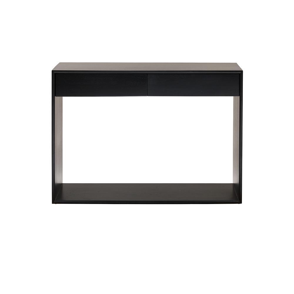 Front view of a modern minimalist console in black mahogany with two slim drawers and an open rectangular base shelf against a white background.