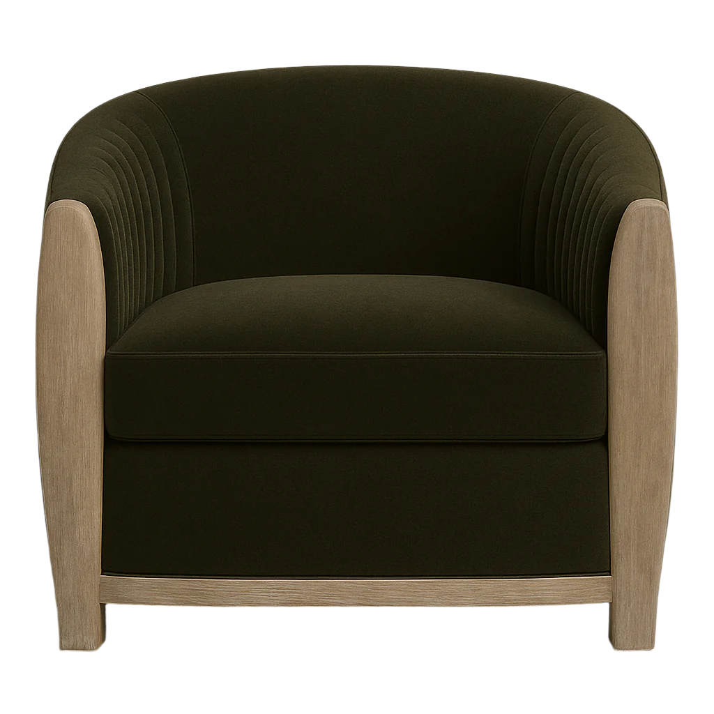 Front view of a modern barrel accent chair upholstered in olive velvet with vertical channel stitching on the inner arms, a thick cushioned seat and a natural wood frame and legs.