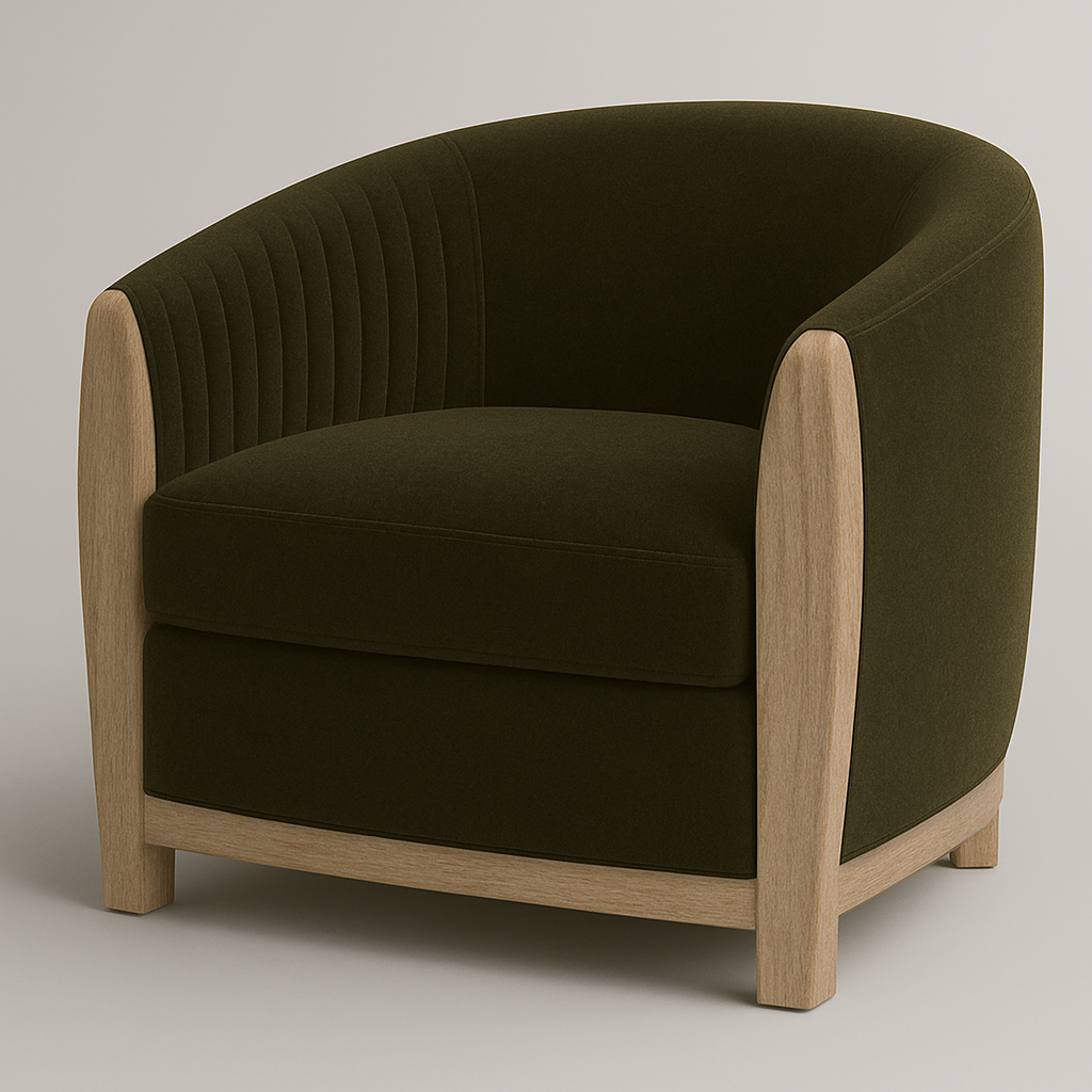 Olive green velvet barrel accent chair with a cushioned seat and curved full back, framed by natural wood legs and arm panels in a modern contemporary style.