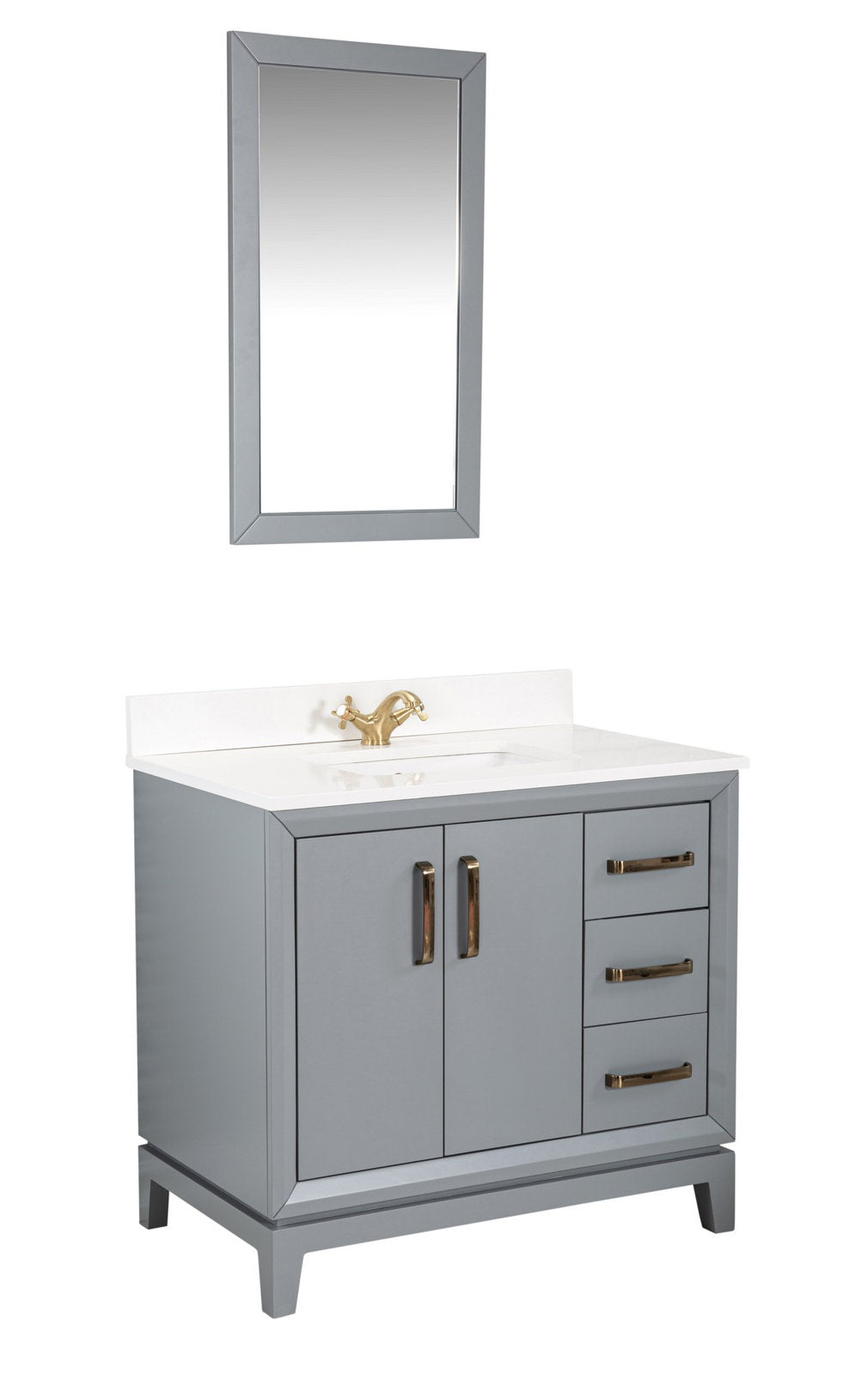 Freestanding modern gray solid-wood vanity with a white stone countertop and integrated ceramic single sink, brass-gold faucet and matching gold pulls, two center doors and three right drawers, shown with a matching rectangular mirror above.