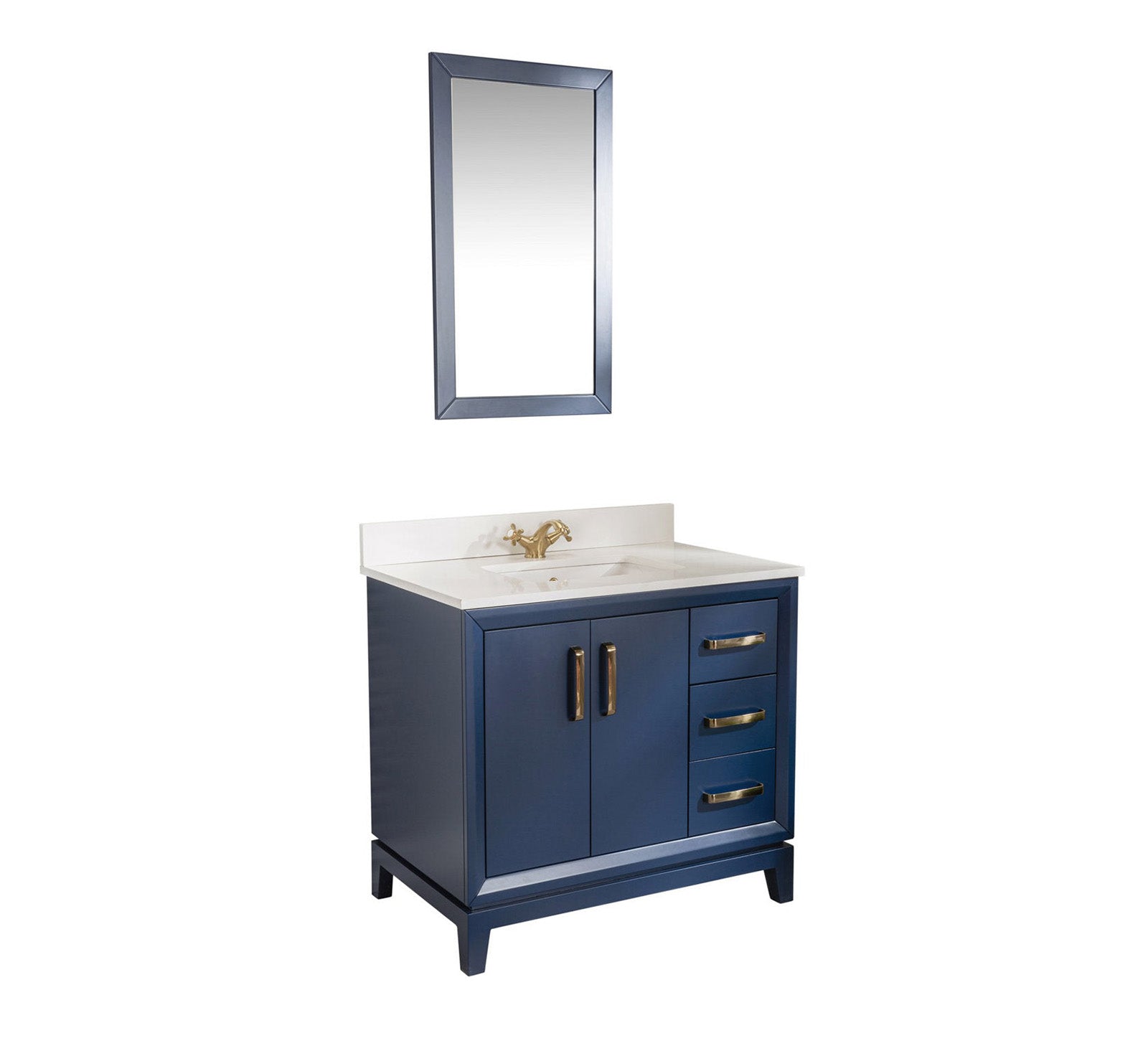Freestanding navy solid wood single-sink bathroom vanity (35.25 in.) with white stone top and integrated ceramic sink, brass faucet and hardware, two central doors and three right-side drawers, shown with a matching framed mirror.