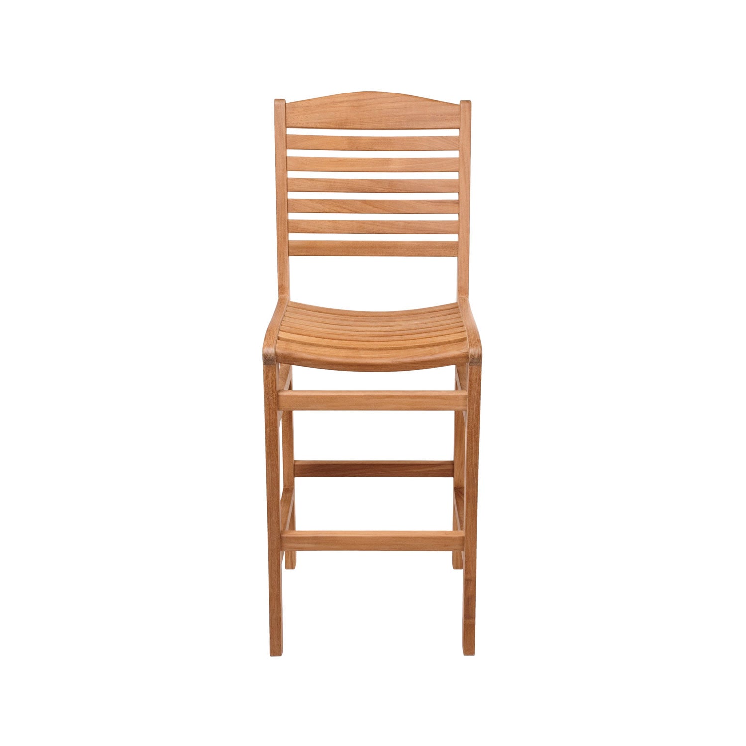 Front view of an armless outdoor bar stool in natural teak, featuring a curved slatted seat, horizontal slatted back, and solid wood coastal-style frame.