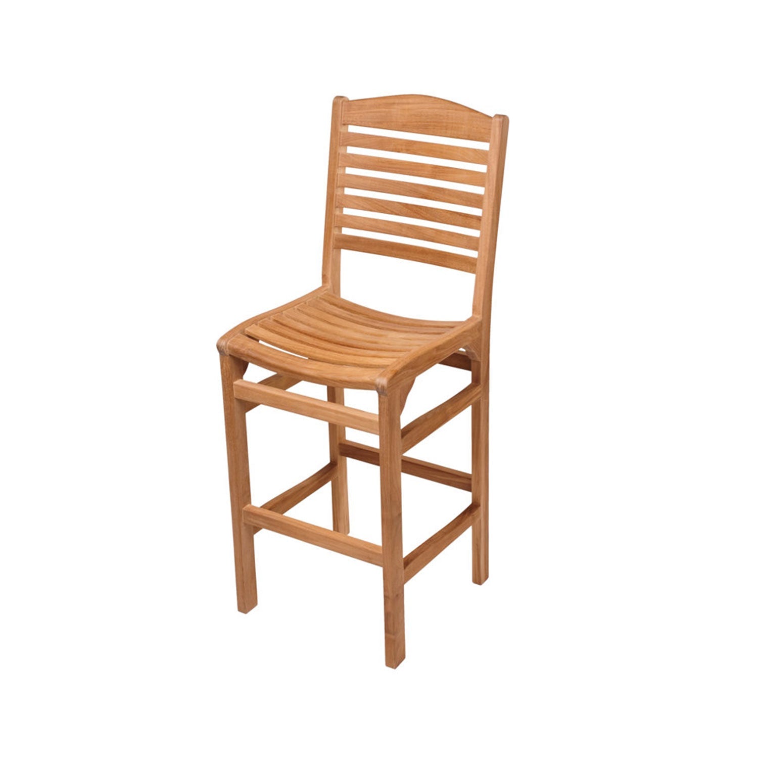 Armless teak outdoor bar stool with ladder-style slatted back and curved slatted seat in a natural teak finish on a solid wood frame with built-in footrest.
