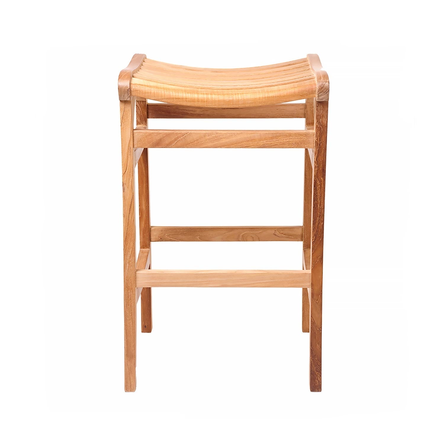 Front view of a backless outdoor bar stool in natural teak, featuring a gently curved slatted seat, solid teak frame and built-in footrest in a coastal minimalist style.