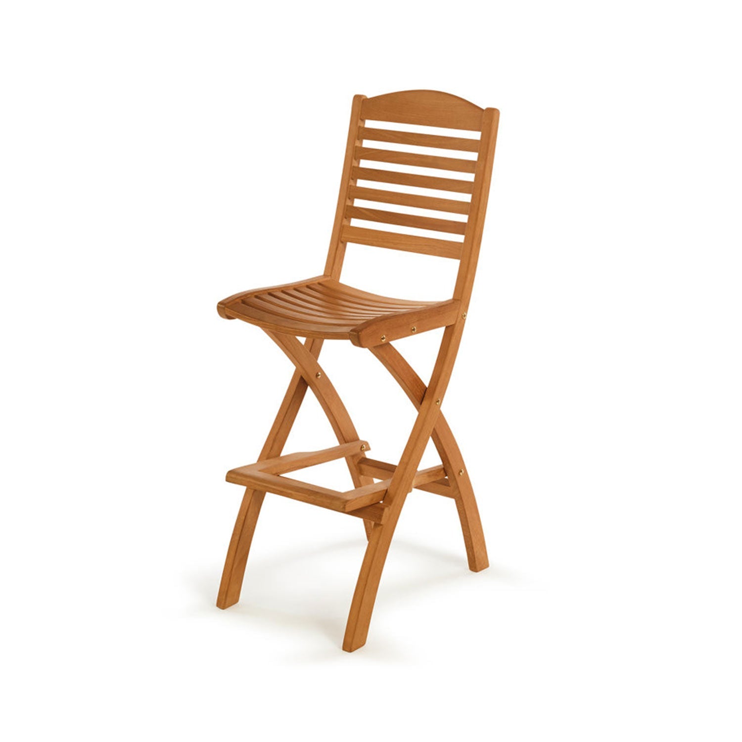 Armless folding outdoor bar stool in natural teak with a slatted curved seat, ladder-style slatted back, X-frame folding legs and built-in footrest, finished in warm golden-brown solid wood for coastal patios.